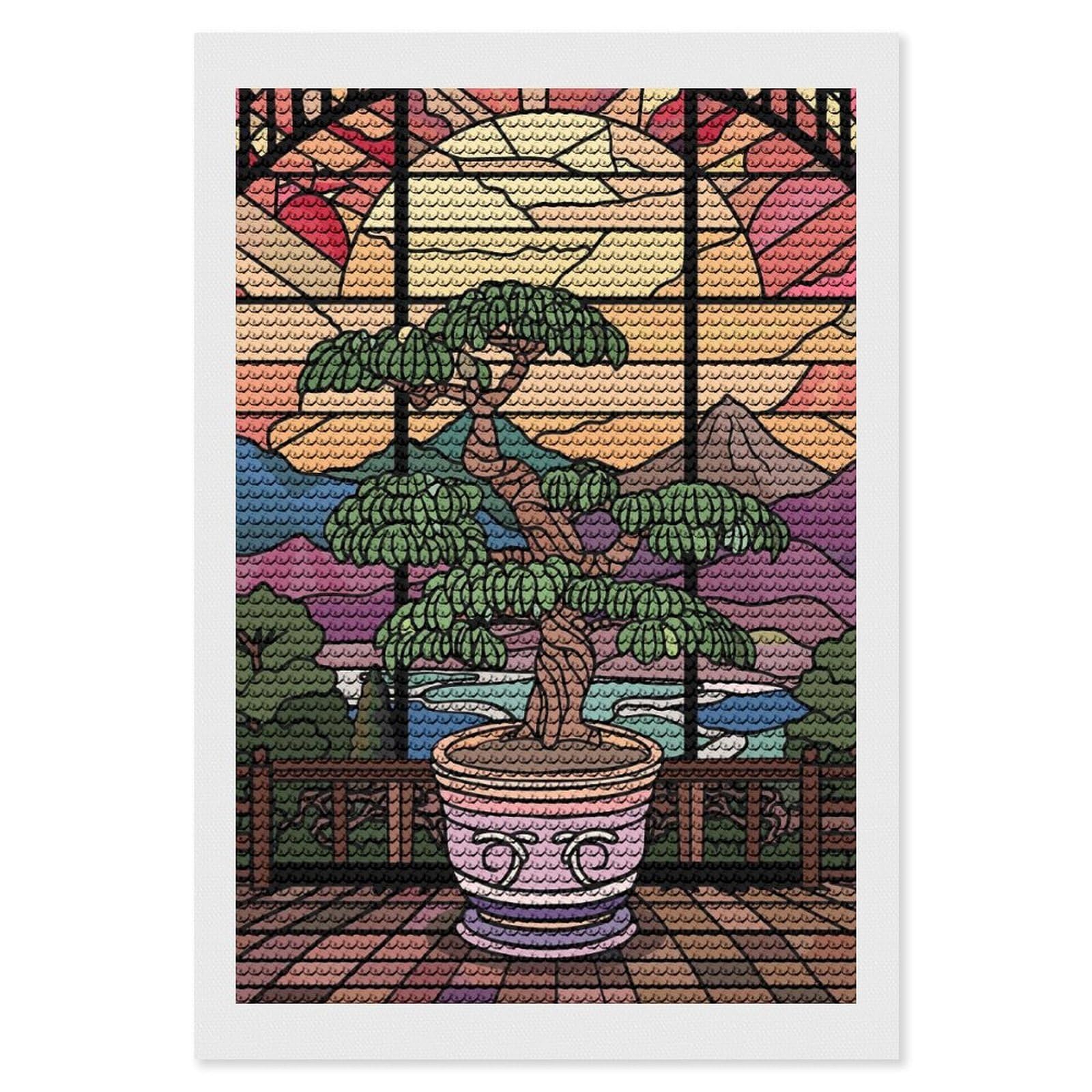 Junmoney Stained Glass Bonsai Tree Landscape Diamond Art Canvas 8"x12", for Teens, Nice Detail and Sparkle, Farmhouse Decor, Festive Craft Gift, Easy to Enjoy