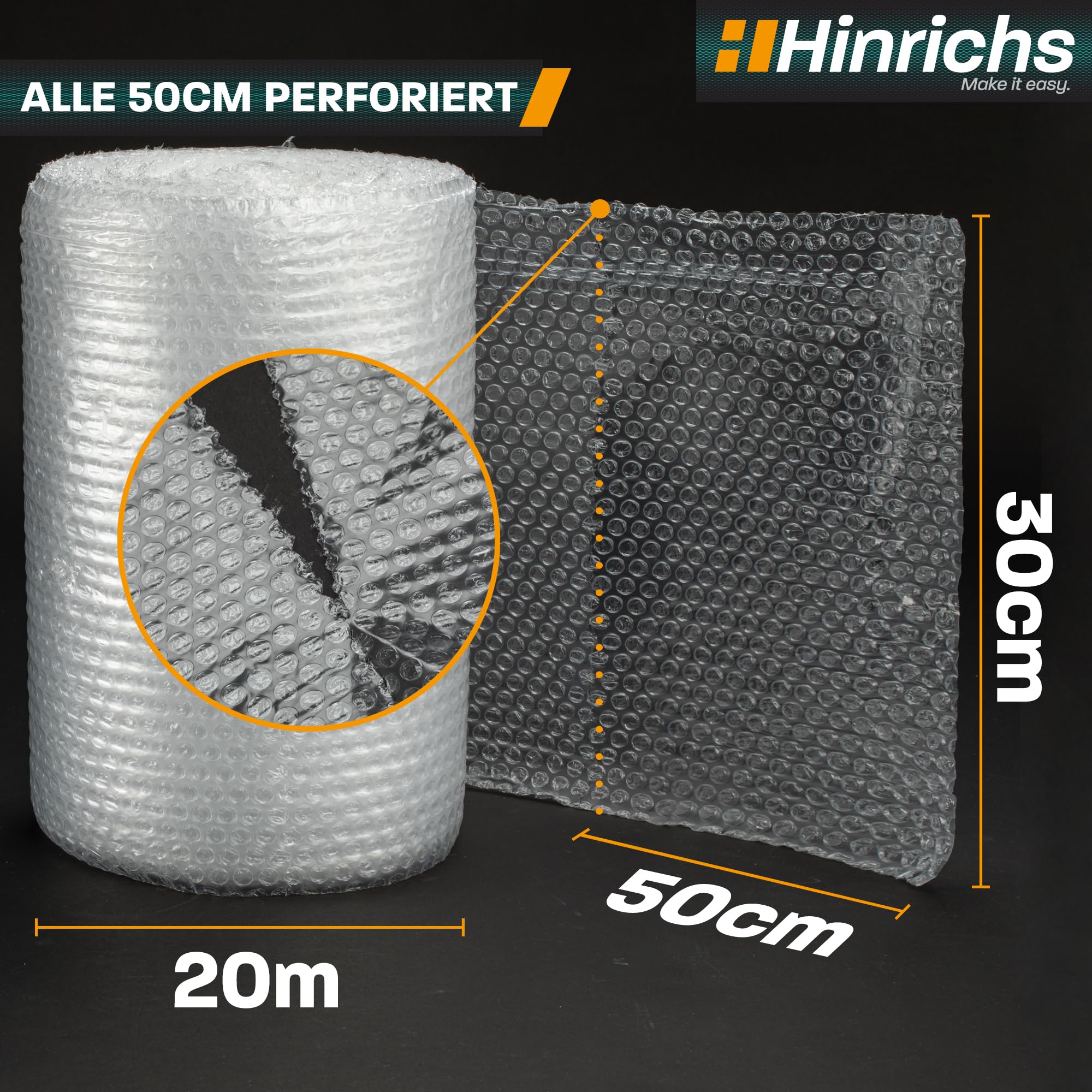 Hinrichs Luftpolsterfolie Rolle 20m x 30cm perforiert - Ideal für Versand, Verpackung und Umzug - Bubble Wrap als Verpackungsmaterial - Noppenfolie - Polstermaterial - Image 2