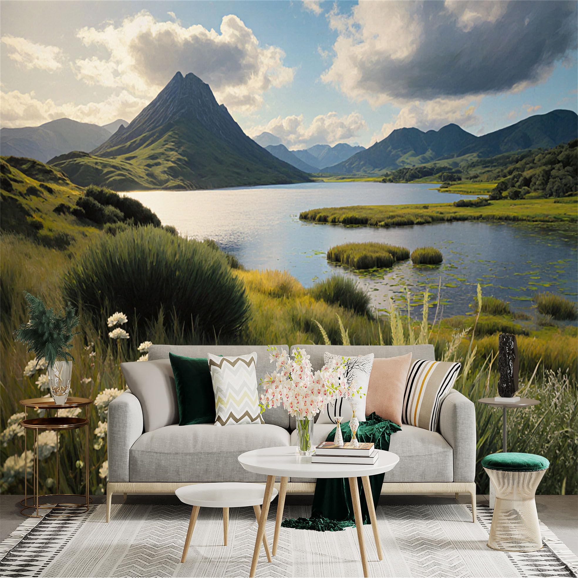 Lnzczhyre Xc260505656 Custom Size Wall Sticker Mural， Serene Lake Landscape， Majestic Mountains， Wildflowers And Green Meadows， For Wall Decoration， Peelandstick Wall Decals.