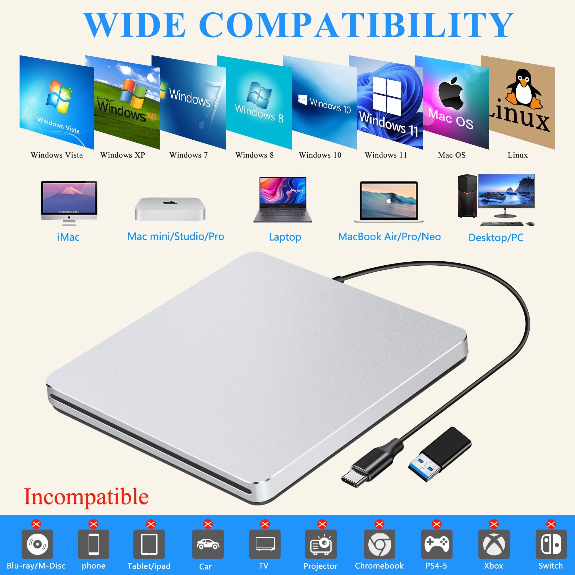 Unidad externa de CD y DVD para laptop: lector portátil USB C de CD/DVD para Mac PC Windows 11 con adaptador USB 3.0 de aleación de aluminio, ranura SuperDrive para Apple