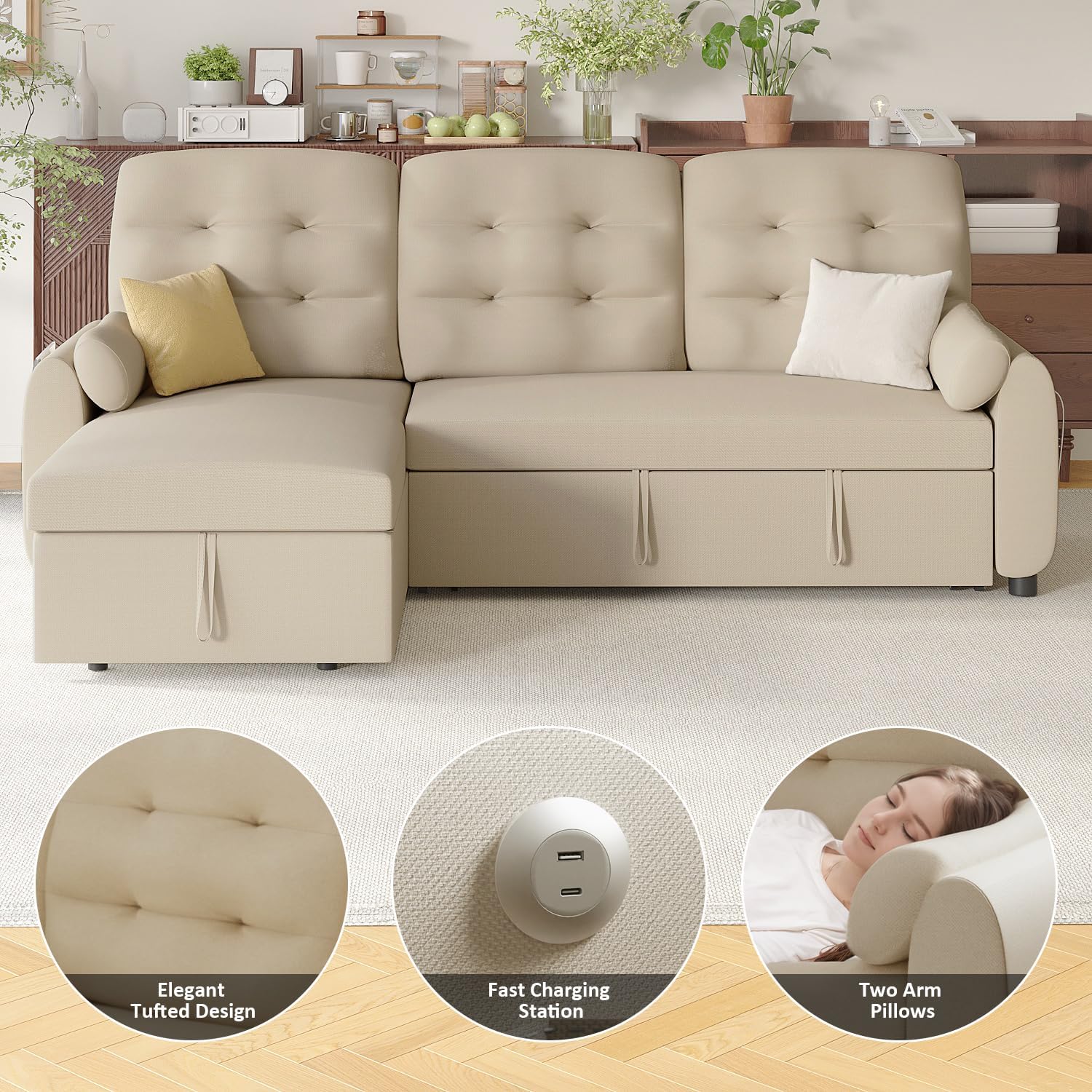 Close-up of the integrated USB and Type-C charging station on the sofa armrest