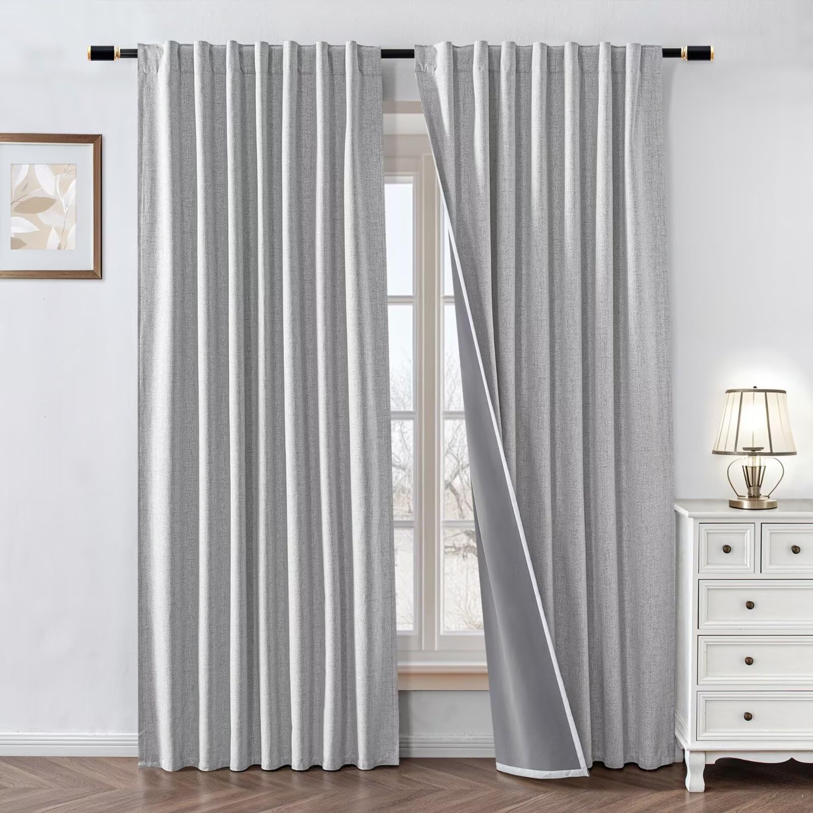 100% blackout curtains 108 inch length 1 panel faux linen long drapes for bedroom living room black out room darkening curtain thermal insulated back tab rod pocket(w100 x l108, off-white)