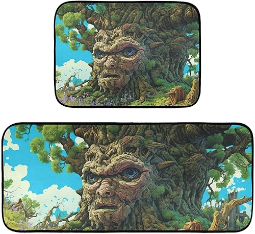Fantasy Tree Kitchen Mat 2 Pcs Set, Low Pile Kitchen Rugs Cushioned Water Absorbent Washable Floor Mats for Kitchen Sink Laundry Room