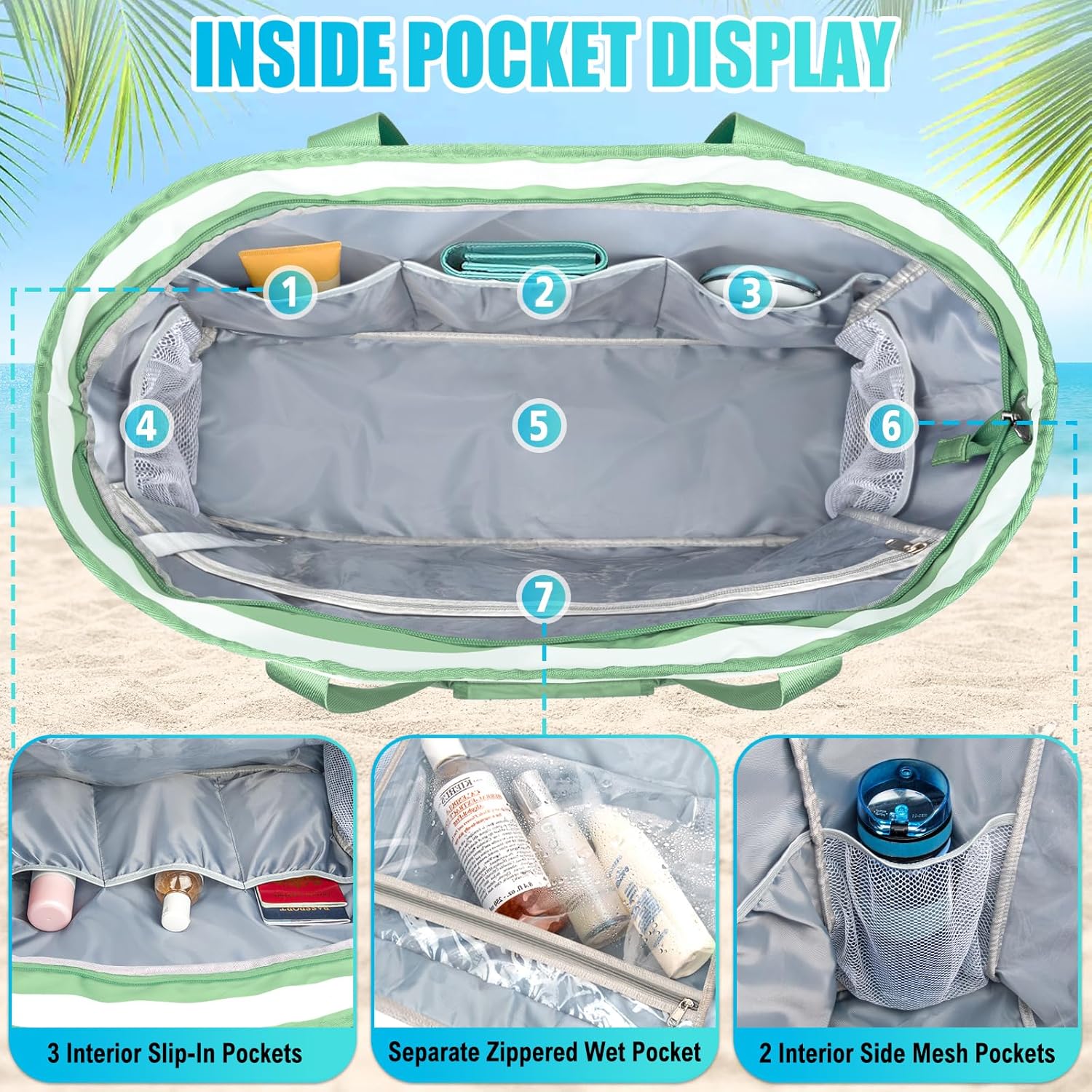 Extra Large Beach Bags for Women, Waterproof Sandproof Beach Tote Bag Foldable Swim Pool Bag with Zipper and Wet Pocket - Image 3