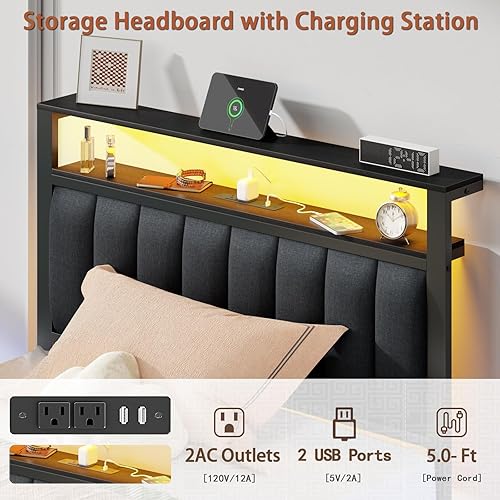 Miniatura 8 de Furnulem - Base de cama tamaño individual con estación de carga y luces LED, plataforma con listones de metal, cabecera tapizada gris con estantes