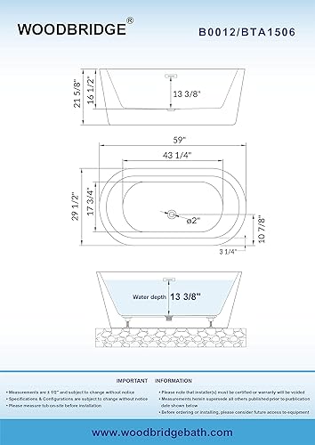 Miniatura 6 de WOODBRIDGE - Bañera de acrílico independiente, 59 pulgadas, con desbordamiento y drenaje de níquel cepillado