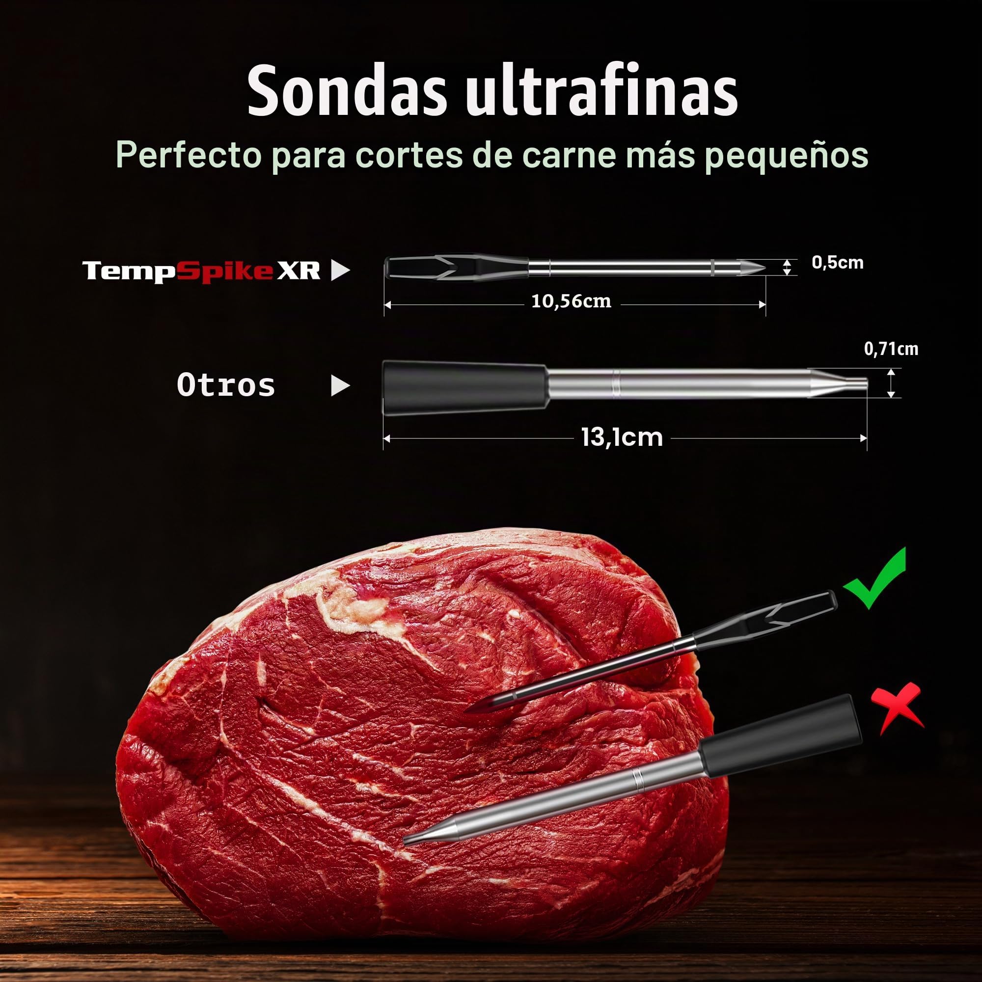 ThermoPro Termómetro inalámbrico para carne TempSpike XR hasta 300 m, con 2 sondas ultradelgadas para carne, termómetro digital inteligente para carne inalámbrico
