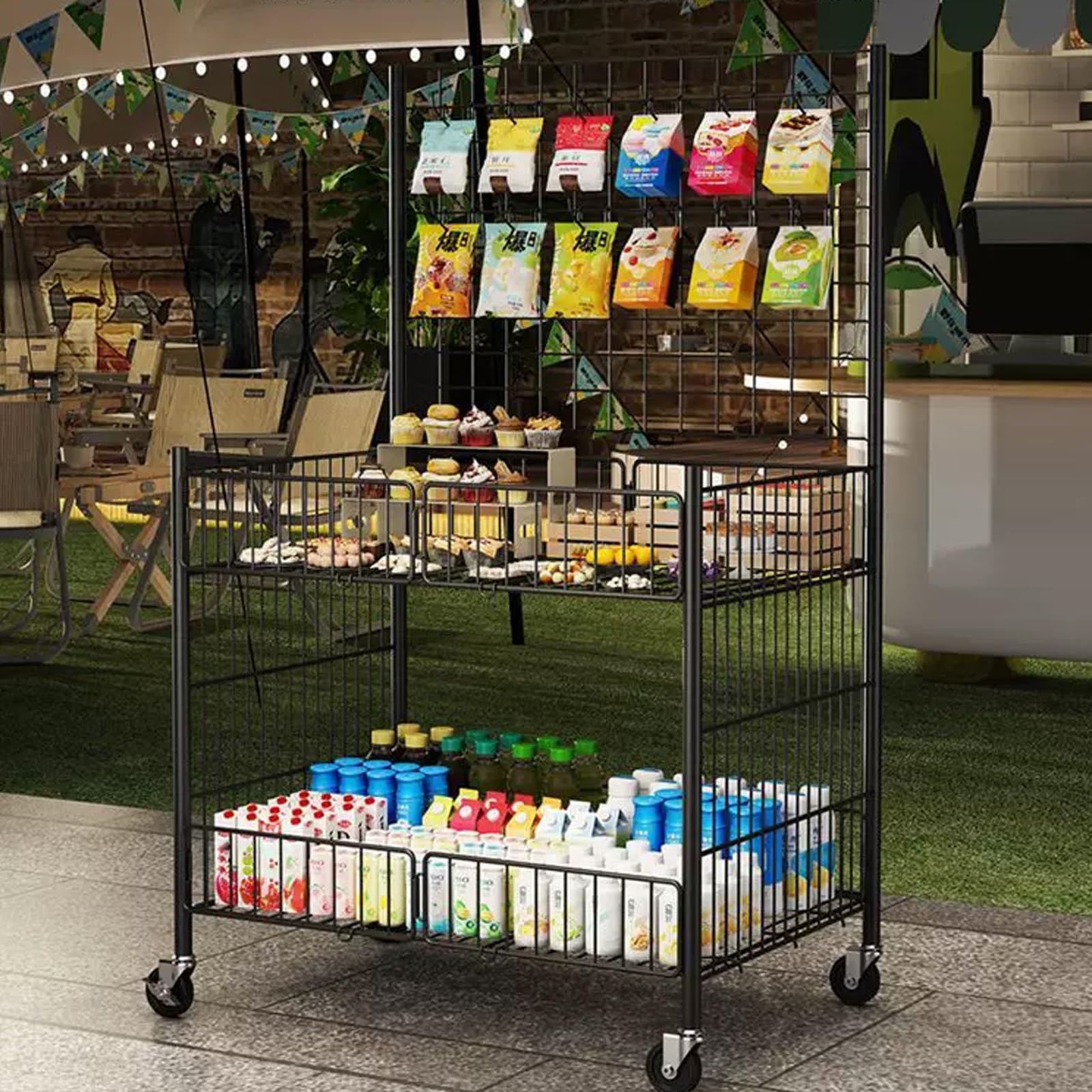 Carrito de Venta Ambulante Marco de Acero Al Carbono 50kg Carga 10 Ganchos Plegable Rápido para Mercadillos Al Aire Libre Ferias de Artesanía(Black,100x55x130cm)