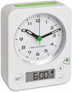 TFA Dostmann 60.1511 Combo - Despertador inalámbrico con Hora analógica y Alarma Digital, ultrasilencioso y preciso, Color Blanco y Verde, 9 x 4 x 11,5 cm, plástico