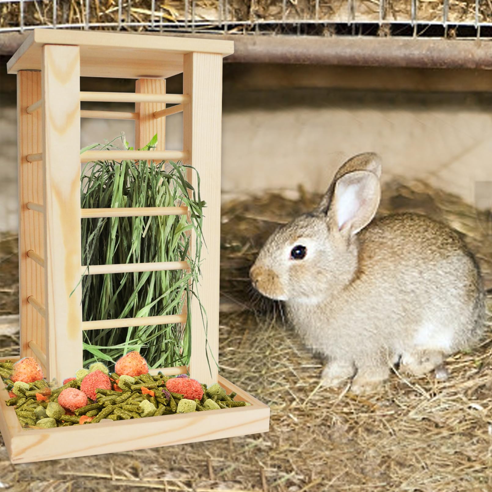 Rabbit Hay Feeder Wooden Bunny Hay Rack Guinea Pig Feeding Manger Standing Rabbits Grass Holder Small Animals Less Waste Food Dispenser for Chinchillas Hamsters Bunnies Gerbil - image 3