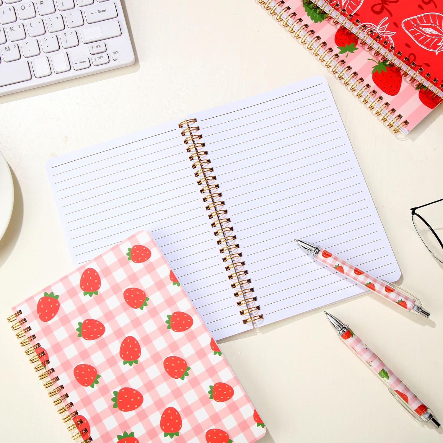 Resurhang 6 Pack A5 Strawberry Spiral Notebooks Preppy Journal Cute Aesthetic Hardcover Ruled Notebooks with Ballpoint Pens for Office School Day Classroom Prize, 5. 8 x 8. 3 Inch