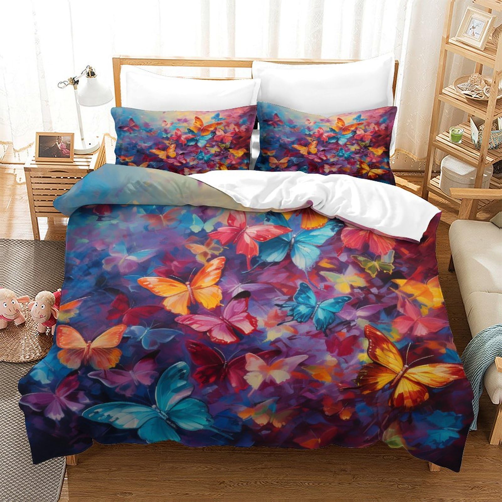 P1S9U7W5Y Vivid Butterflies 3D Printed Microfiber Duvet Cover Set 3 Pieces Soft Breathable Bedding Set for Adults Bedroom Decor Double（200x200cm）