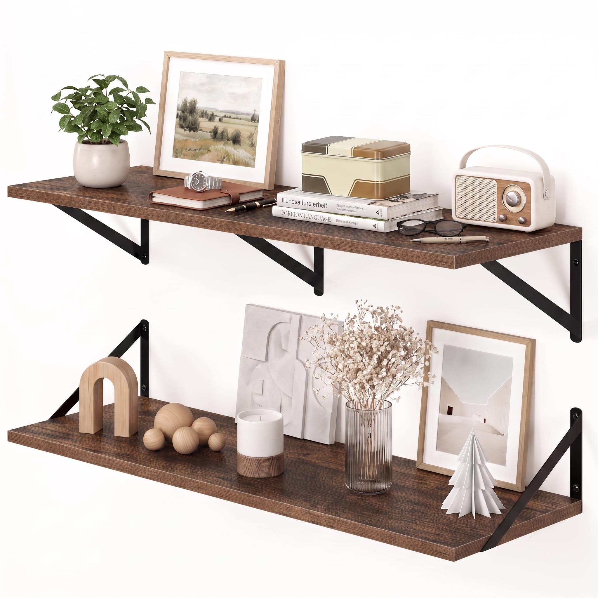 Fun Memories Deep Floating Shelves for Wall, 90 x 30 cm Wall Mounted Shelves Set of 2, Wide Display Ledge Shelf with Sturdy Metal Brackets for Bathroom, Bedroom and Kitchen, Brown