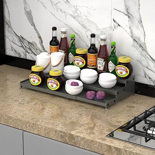Miniatura 2 de Organizador de especias de metal para gabinete, estante de almacenamiento de especias expandible de 3 niveles, ideal para gabinete de cocina,