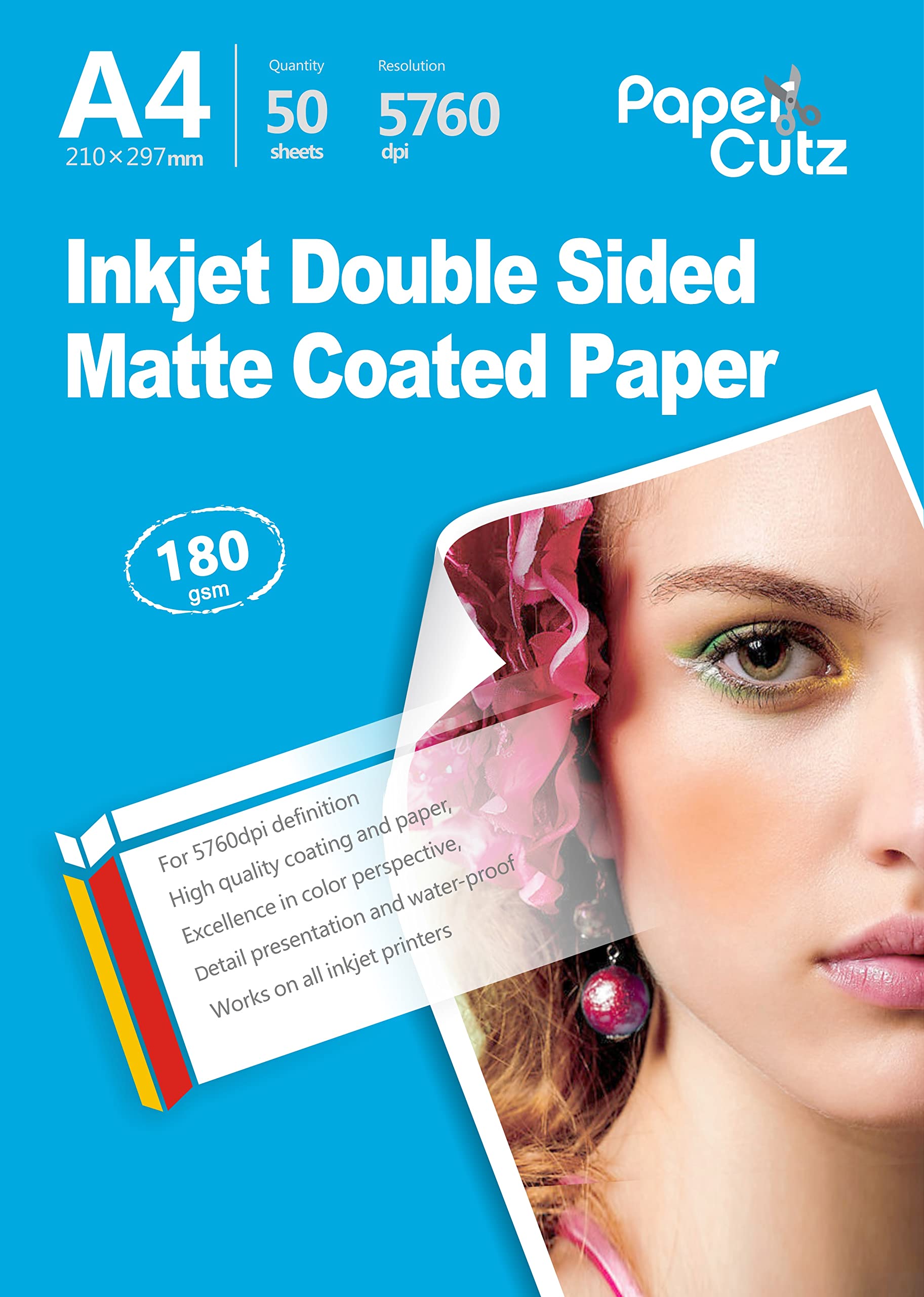 Papercutz Inkjet Printer Photo Paper, 180 GSM, Double Side Matt Coated, Versatile Printer Paper, Includes 50 Sheets, A4 Size, Printing Paper, Universal Inkjet Printer Friendly