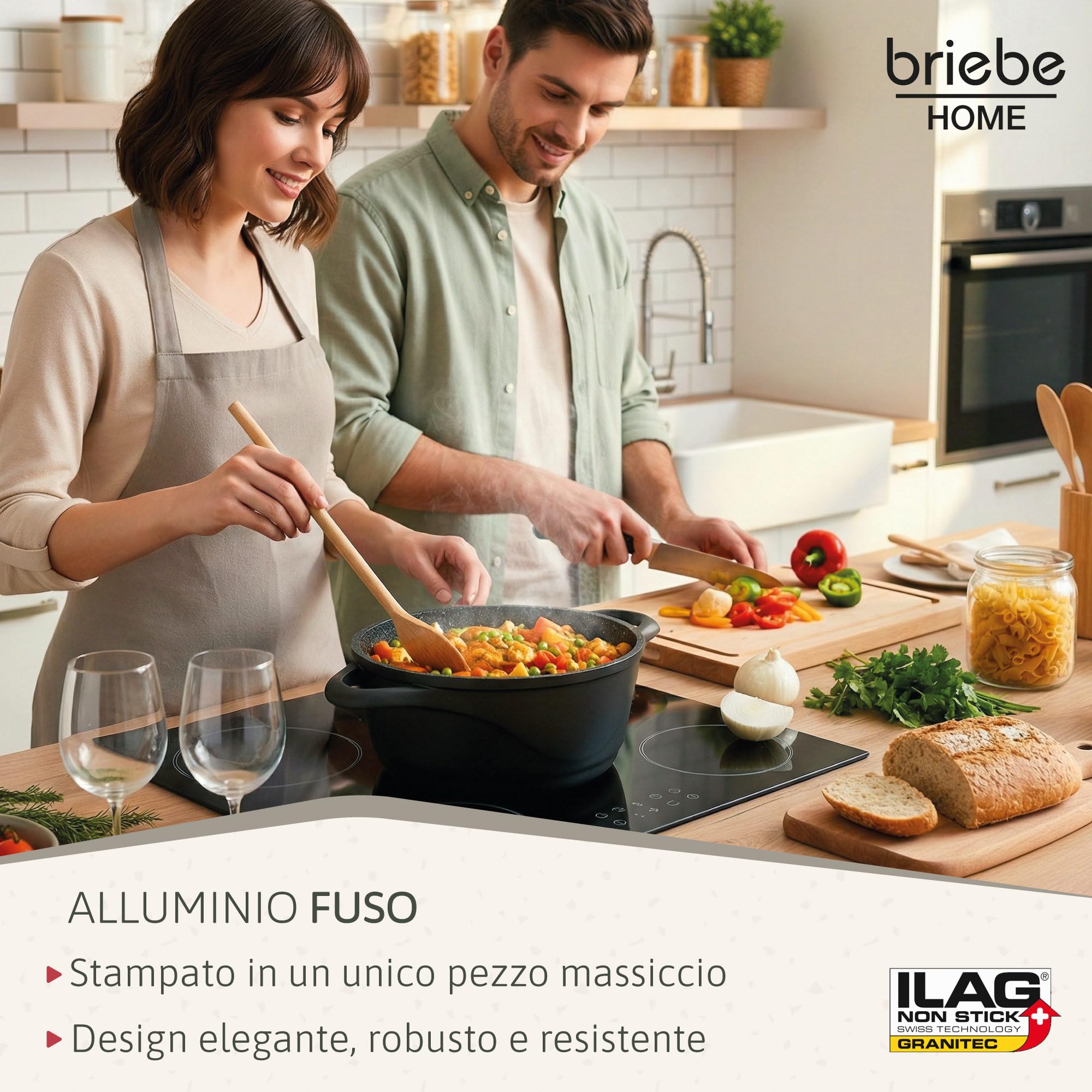 briebe Set Pentole Induzione Batteria 8 Pezzi, 4 Casseruola, Alluminio Pressofuso, Antiaderente ILAG GRANITEC senza PFOA, Coperchi in Vetro, Guanti in Silicone, Vetroceramica, Gas, Forno, MGK-12S