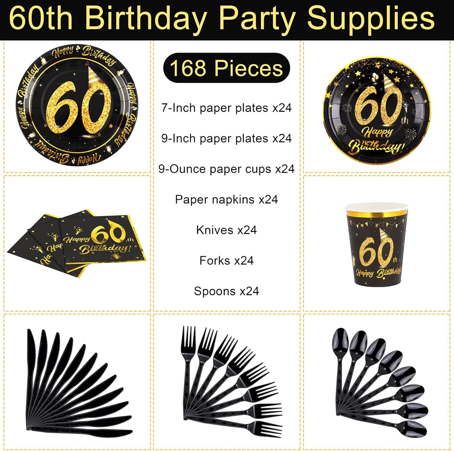 durony 60th Birthday Plates and Napkins Sets 60th Birthday Party Supplies Tableware Set Plates Cups Napkin Knife Spoon Fork for Birthday Wedding Anniversary Party Decor, Serve 24 Guests : Home & Kitchen