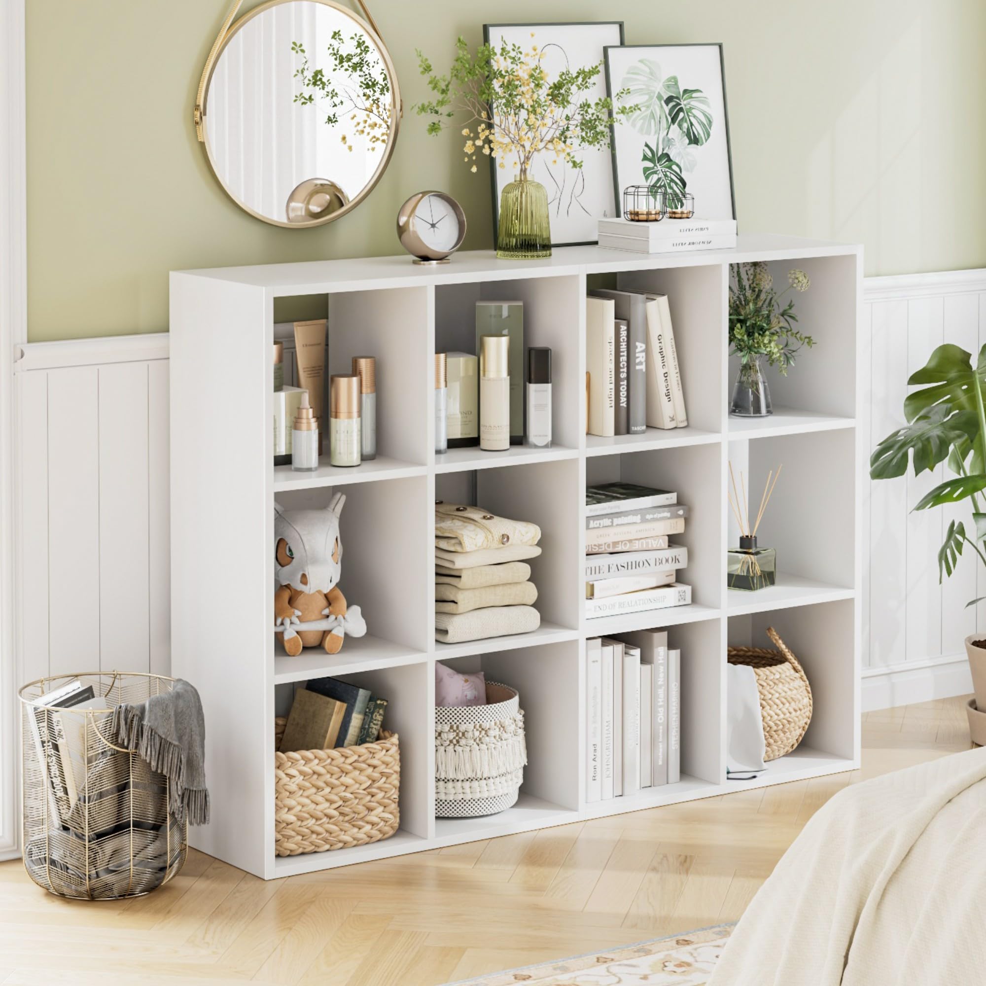 HOCSOK Librería Estantería Biblioteca, Estanterias Almacenaje con 12 Compartimentos, Mueble para Libros para Salón Estudio y Oficina, Madera, Blanco, 91x29x120cm
