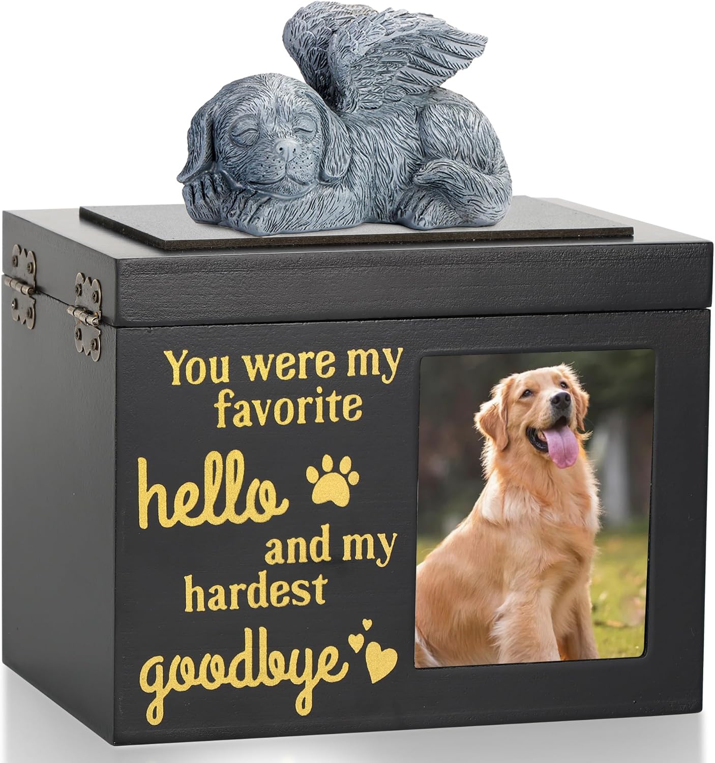 Large Dog Urn for Ashes, Black Wooden Pet Keepsake with Photo Frame, Memory Box with Resin Animal Statue and Sealed Storage Bags (120lbs)