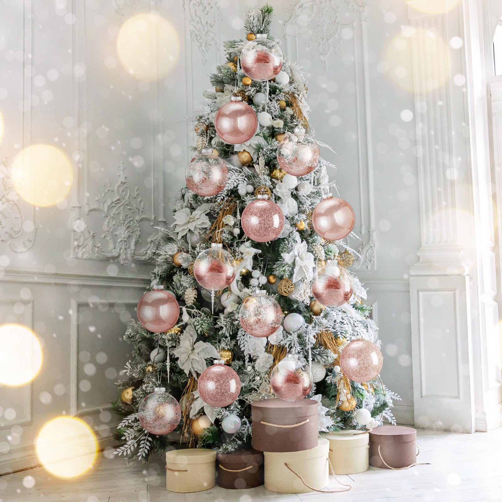 Shappy Lot de 4 grandes boules de Noël en plastique transparent de 15,2 cm avec rembourrage délicat pour décoration de sapin de Noël (or rose)