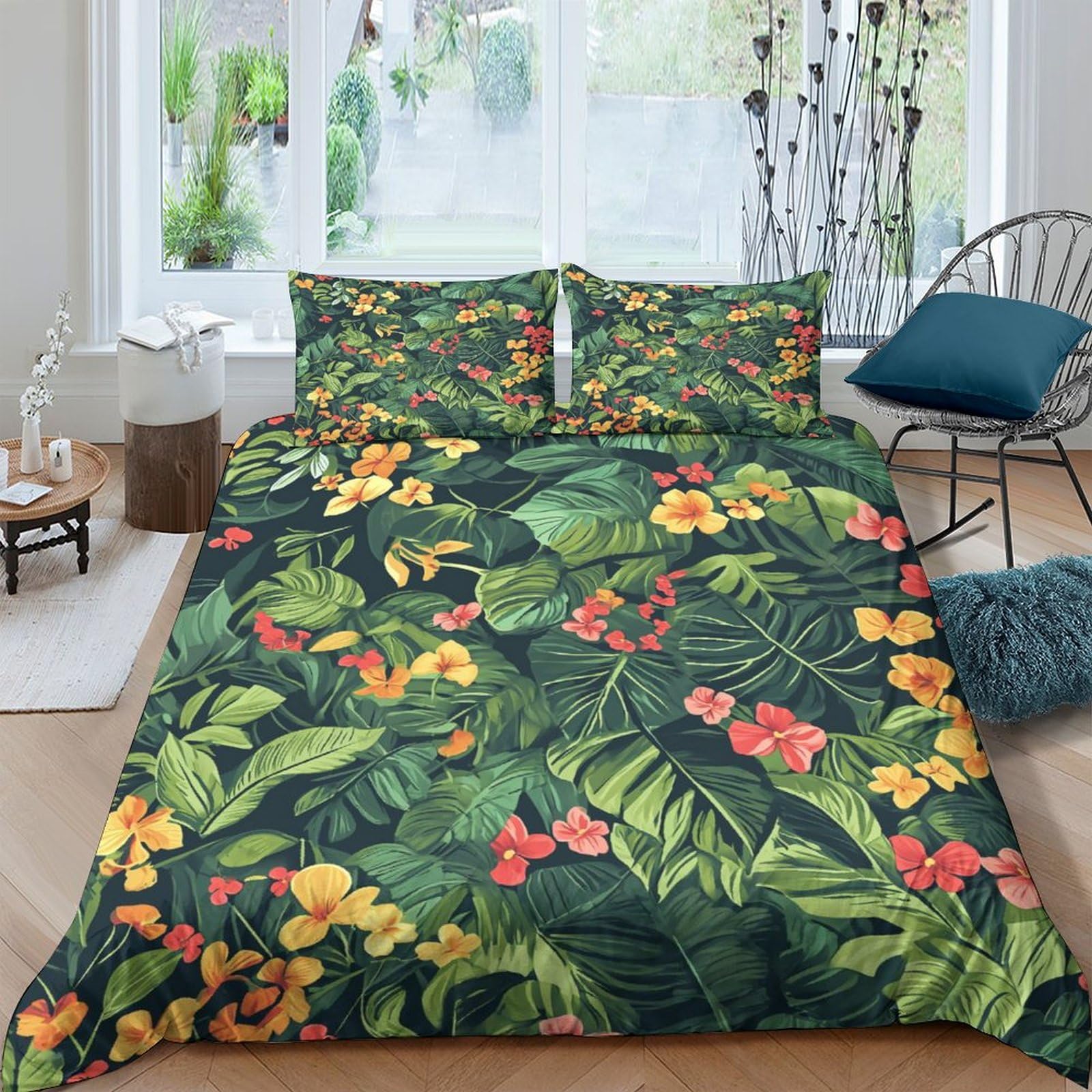 Qpirinmex Tropical Plants 3D Bedding Set Duvet Coverwith Pillowcases Soft Microfiber Duvet Cover Set With Zipper Closurefor Teen Adult Kids 3 Piece Double（200X200cm）