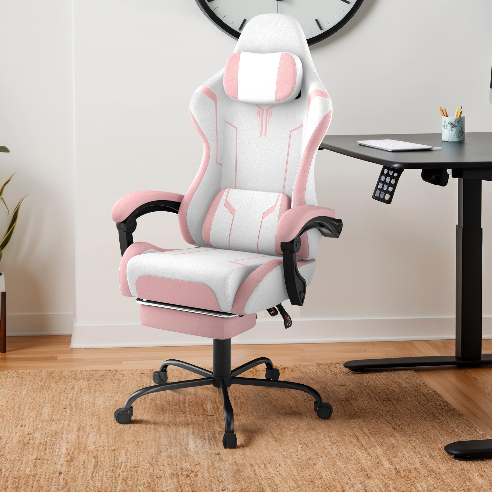 Chaise de jeu, avec massage vibrant et repose-pieds, fauteuil ergonomique pour esports, avec oreiller, accoudoirs, chaise de bureau, hauteur réglable jusqu'à 135 kg, rose