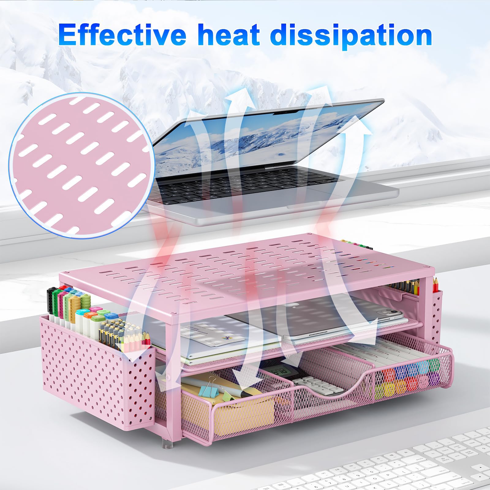 Supporto per Monitor con Cassetto, Accessori per Scrivania e Organizer con 2 Porta Penne, Supporto Ergonomico per Scrivania per Accessori da Ufficio (Rosa)