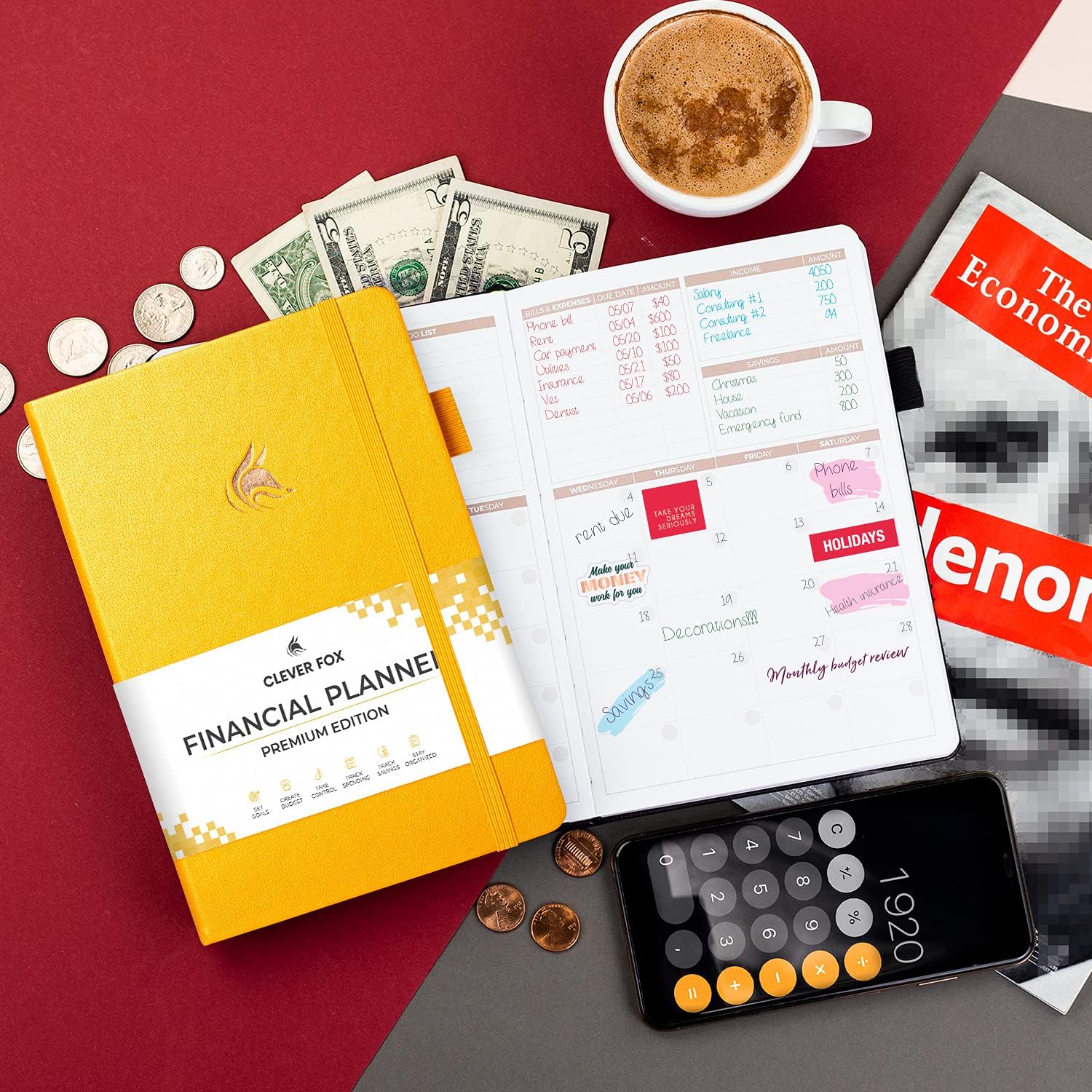 Clever Fox Budget Planner Premium Edition – Expense Tracker Notebook + 5 Cash Envelopes, Budget Planner Organizer; Budget Book & Journal to Control Your Money, Undated; A5 Hardcover – Amber Yellow : Office Products