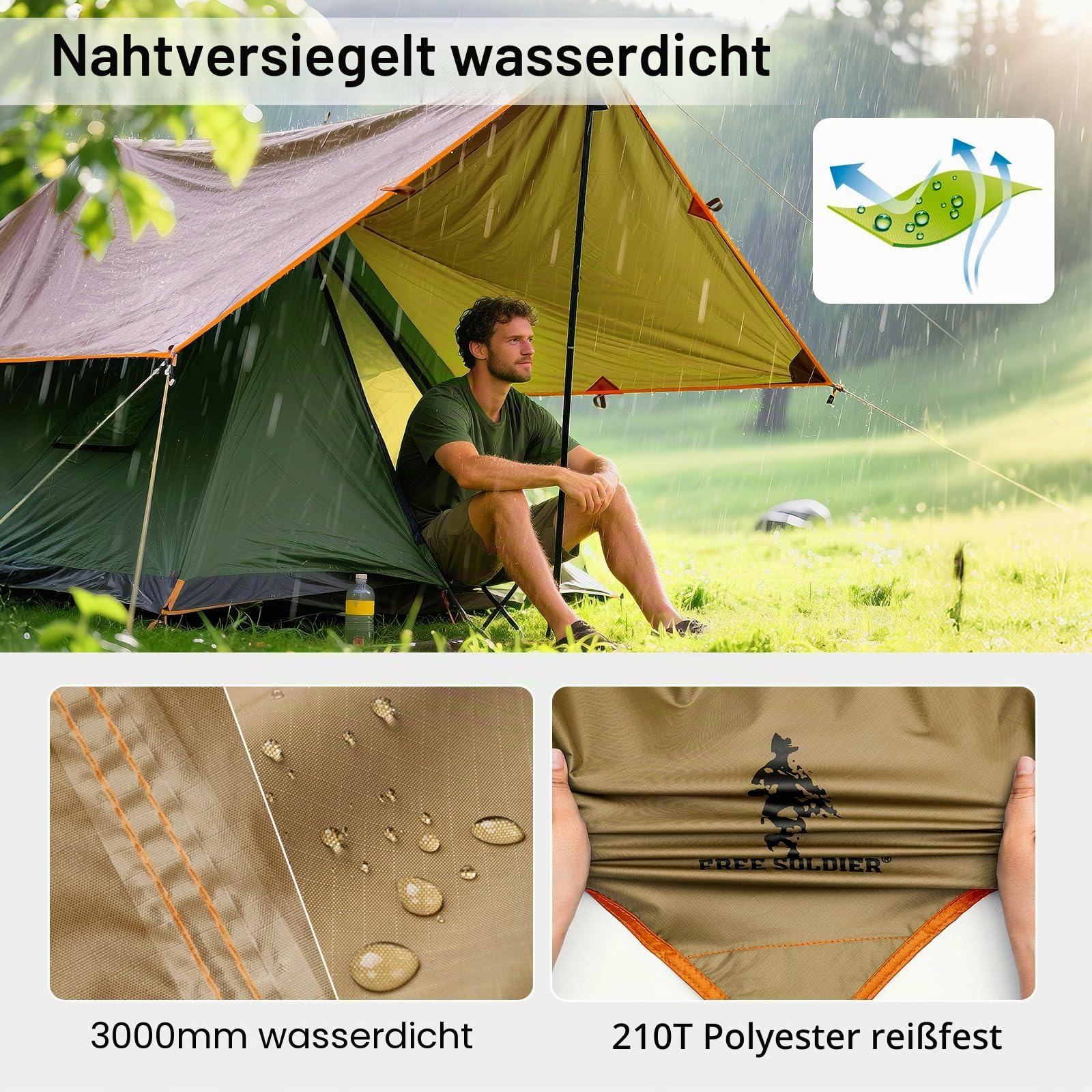 FREE SOLDIER Tarp Wasserdicht 3x3,2m Ultraleicht Zeltplanen UV Schutz Camping Sonnensegel Zelt Freien Multifunktionales Große für Camping,Wandern,Outdoor-Aktivitäten(Braun),Extrabrei