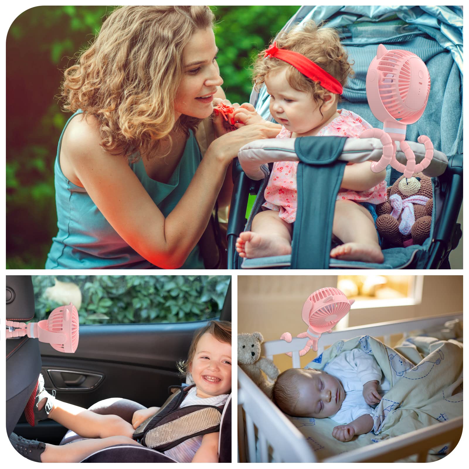 Ventilateur Poussette portable rechargeable 4000mAh mini ventilateur de refroidissement pour bébé avec trépied flexible pour lit d'enfant siège auto