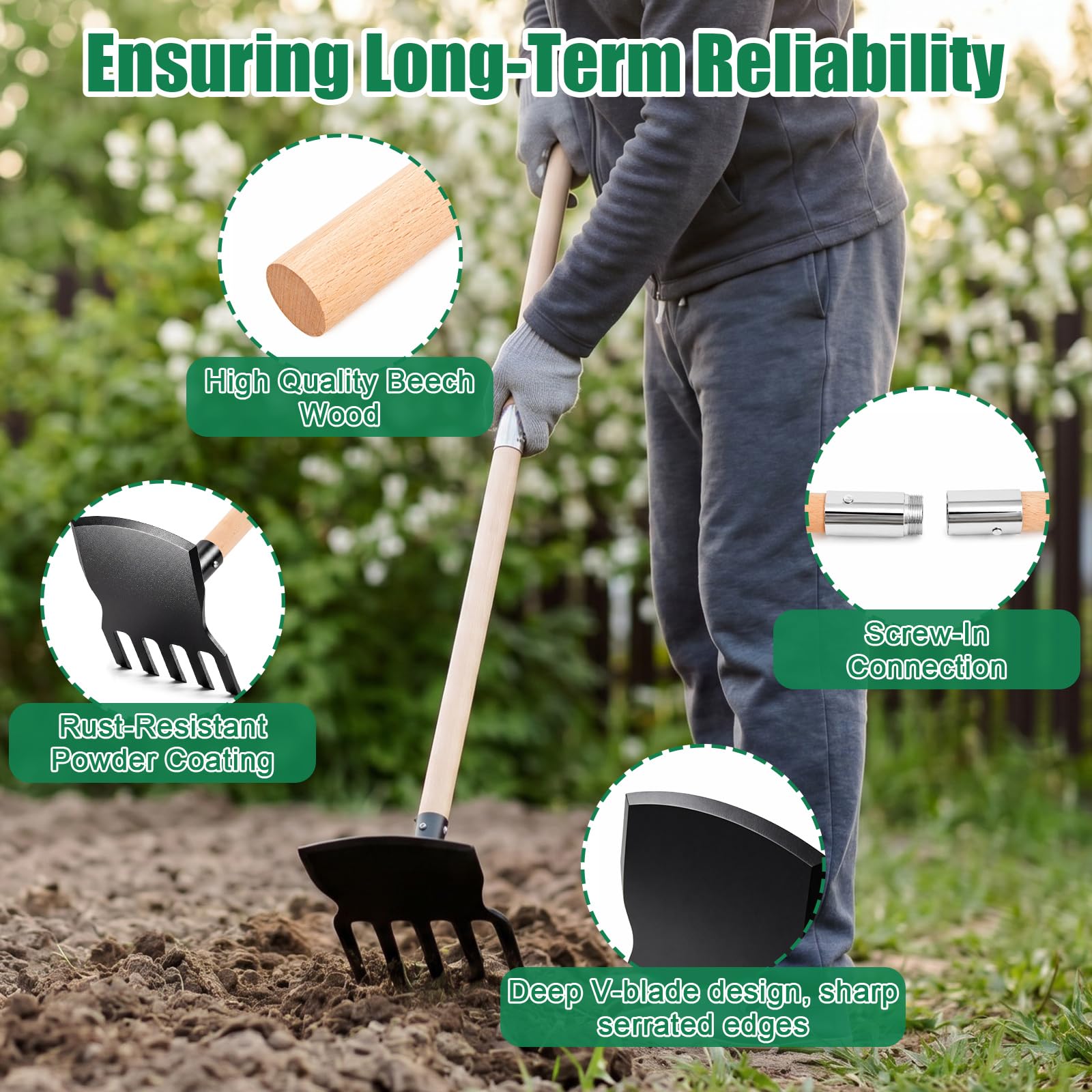 Azada rastrillo de acero con mango de fibra de vidrio de 55 pulgadas, azada rastrillo para incendios, usos múltiples en jardinería y silvicultura, rastrillado, raspado, desbroce y compactación.
