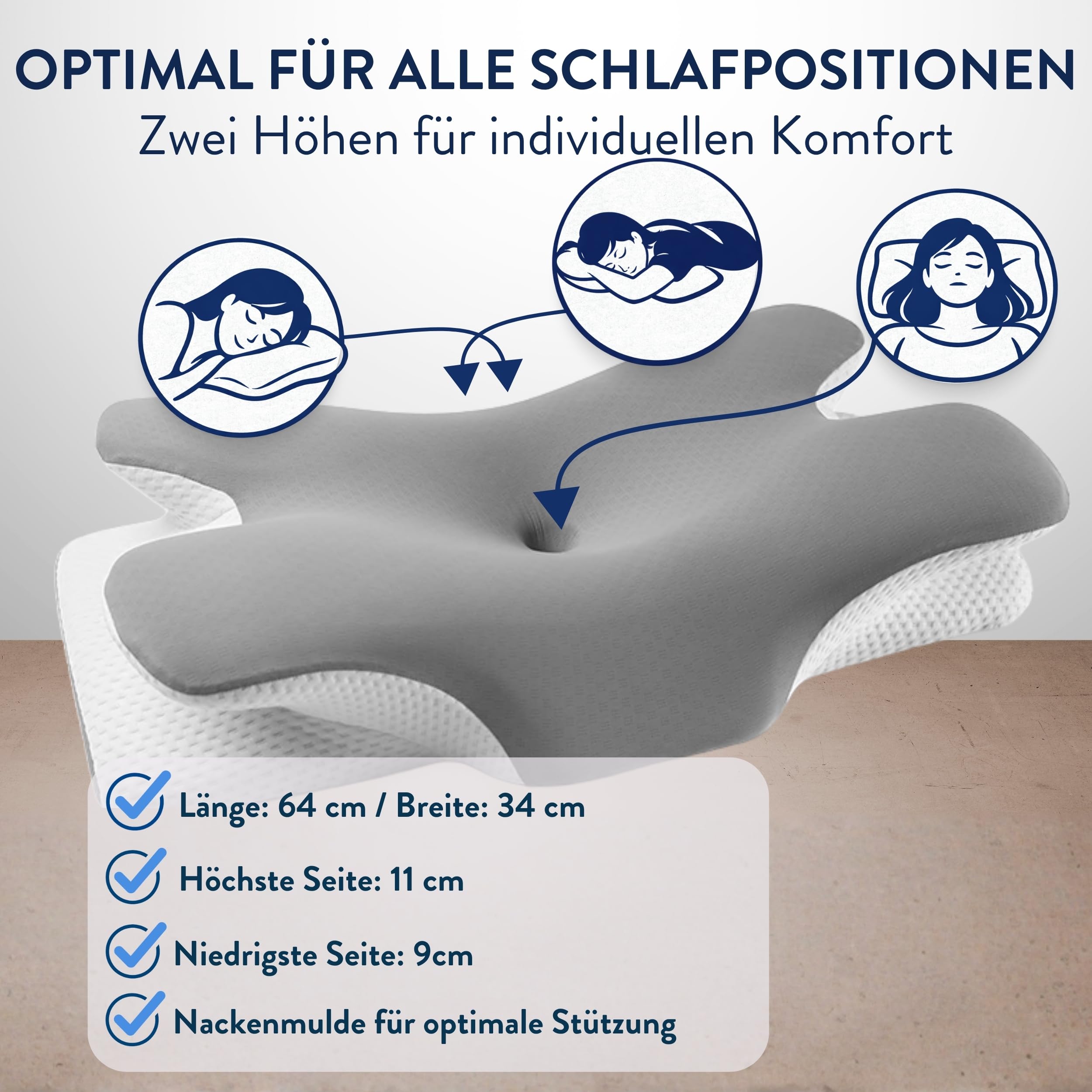 Nacken Therapiekissen Premium – Orthopädisches Kopfkissen aus Memory Foam gegen Nackenschmerzen, 2 Höhen für Seiten-, Rücken- & Bauchschläfer, Hellgrau/Grau