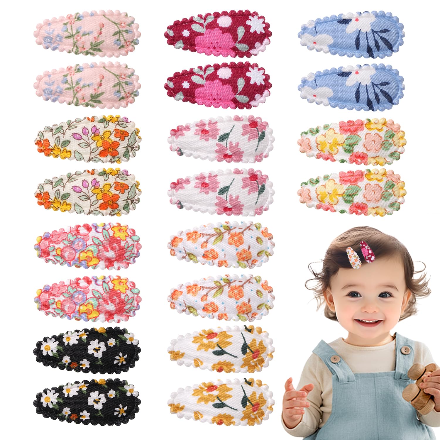 20 Pcs Toddler Hair Clips, Floral Print Wrapped Snap Hairpins, Non Slip Plaid Cloth Baby Hairclips, Baby Hair Accessories for Toddler Girls Kids (Style 3)
