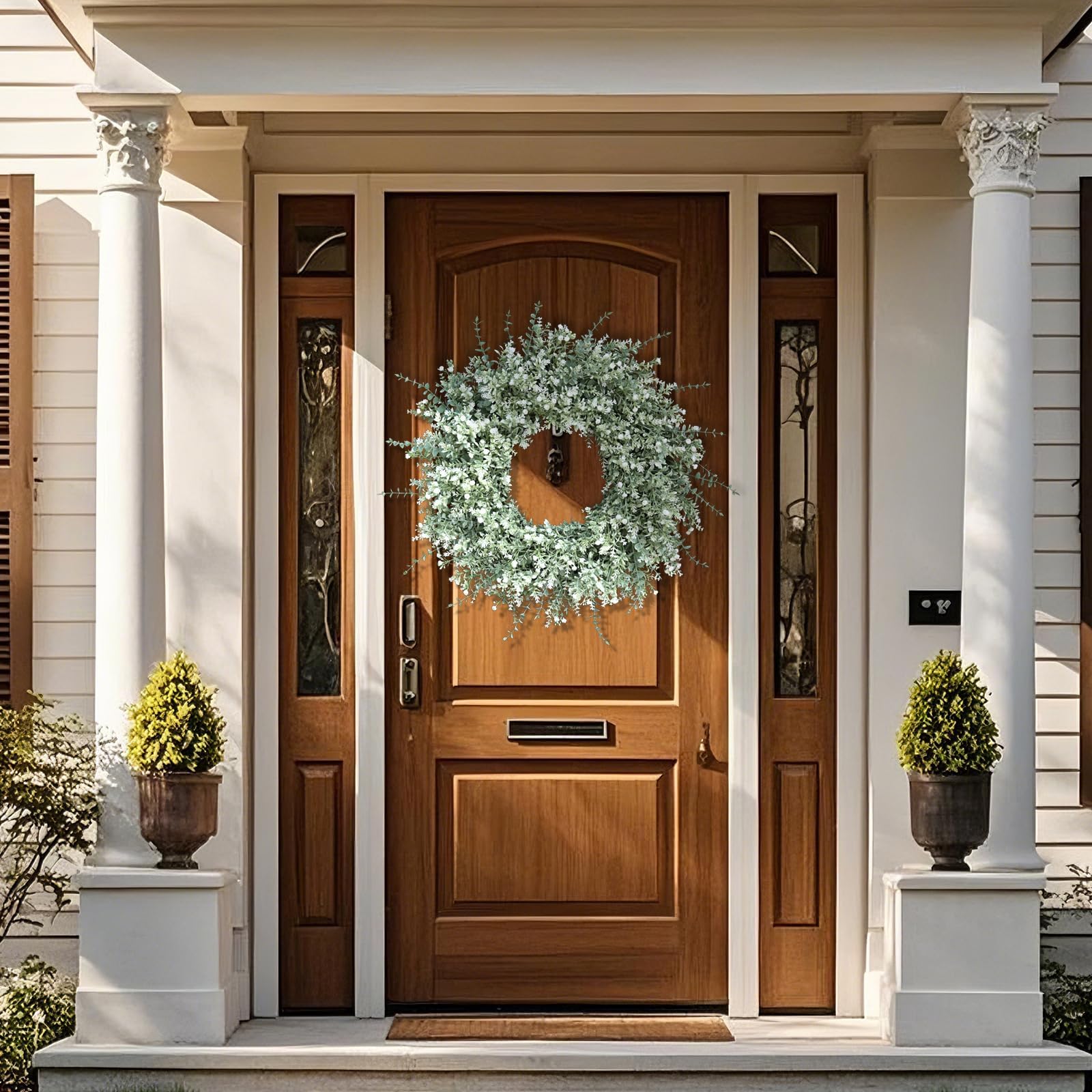 Corona grande de eucalipto de 26 pulgadas para puerta delantera, porche, eucalipto artificial y lavanda con flores de aliento de bebé para el hogar, decoración de pared de granja, primavera, verano