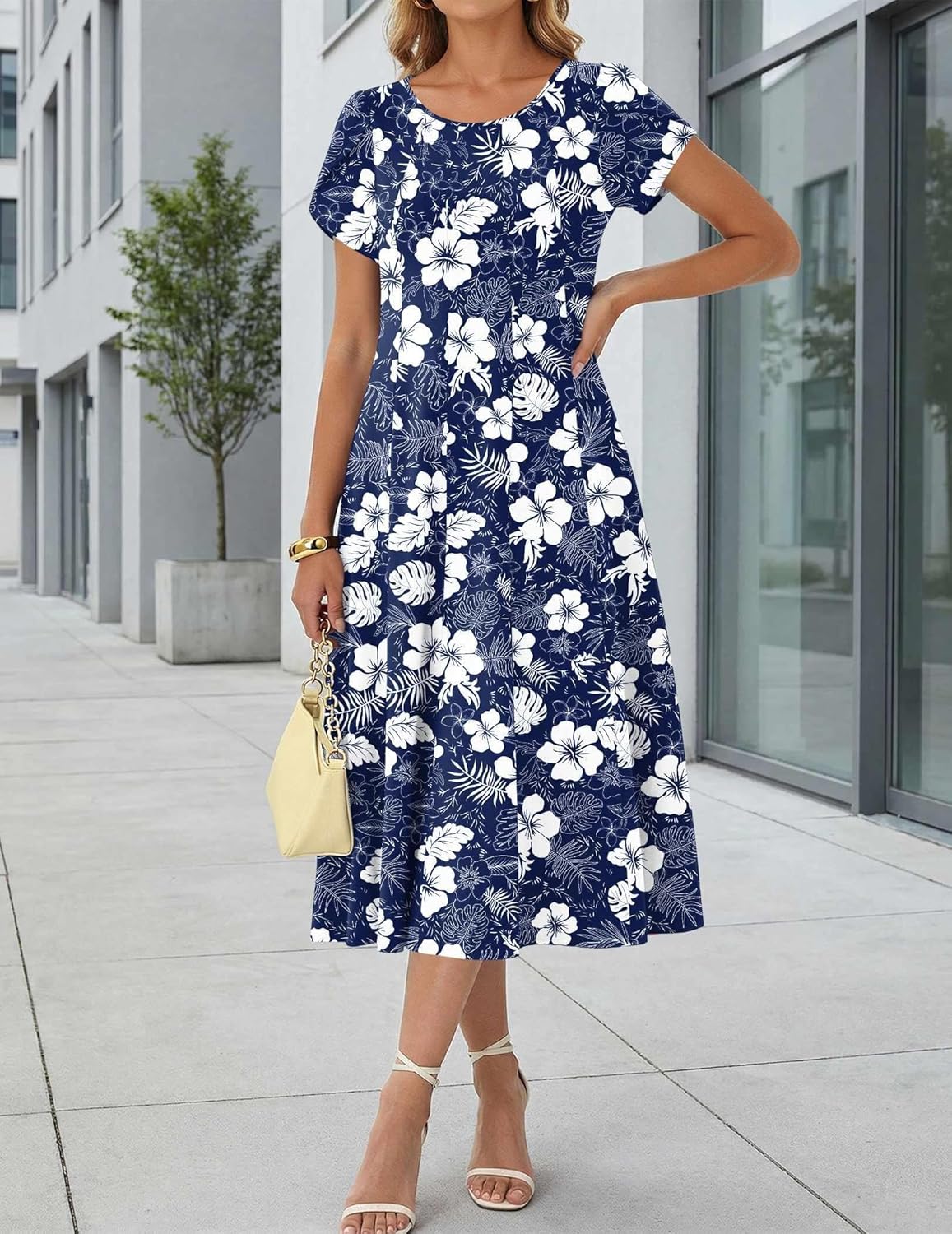 HOTOUCH Summer Dresses for Women 2026 Casual Midi Dress Petal Short Sleeve A Line Dress Pleated Flare Sundress - Image 4