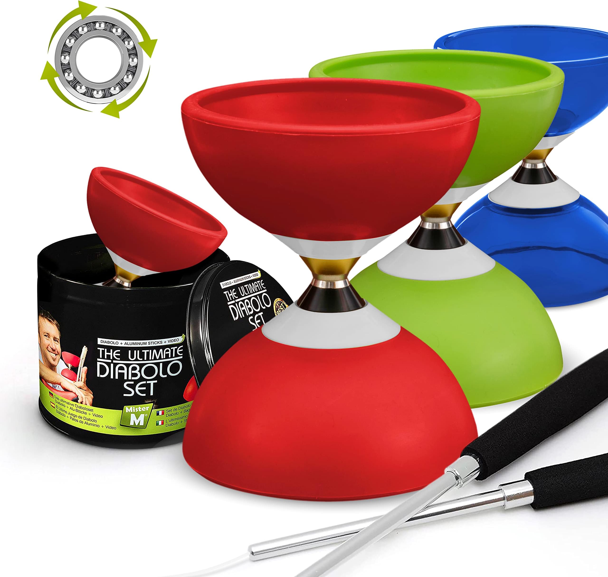 Ball Bearing Diabolo with 3 Ball Bearings + Sticks + Extra String + Free Online Video - Super Spin. Designed by MisterM The Ultimate Diabolo Set (Red)