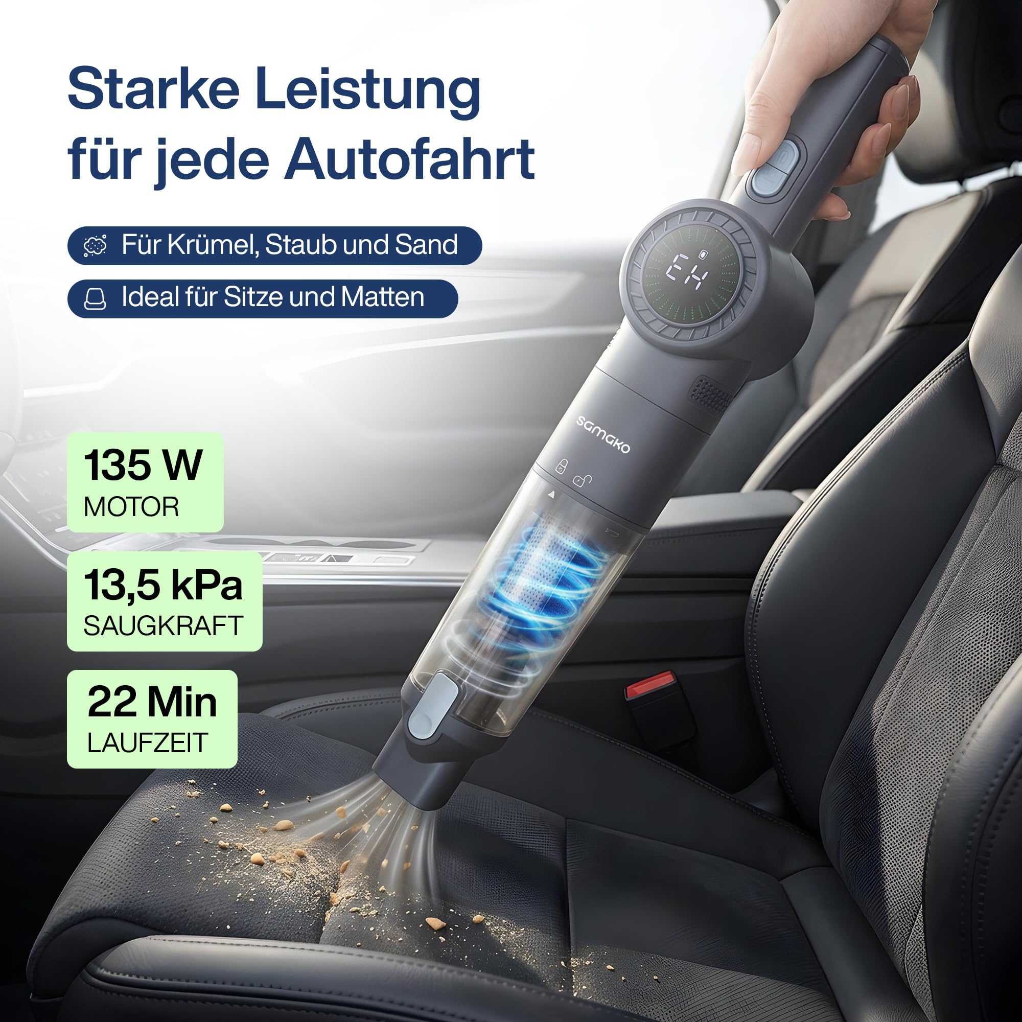 Samako Akku-Staubsauger, 13,5 kPa mit LED-Anzeige NanoDetect Pro Staubsauger, Ultraleicht (0,85 kg), HEPA-Filter, Ladestation, Fugendüse und Flexibler Schlauch für Auto, Sofa und Haushalt