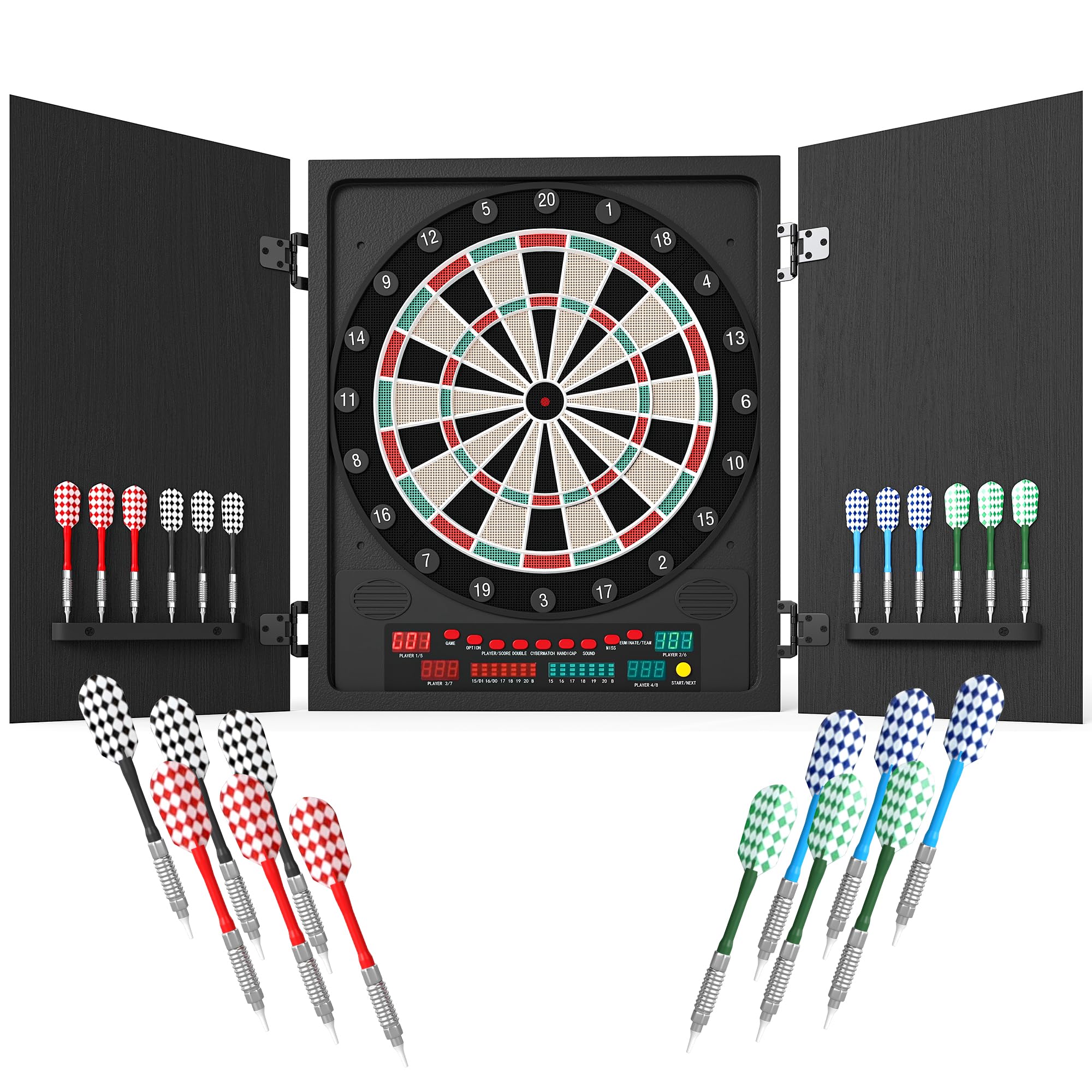 HOMCOM Cible Jeu de fléchettes électronique refermable 27 Jeux 202 Variations jusqu'à 8 Joueurs Affichage LED Haut-​Parleur 12 fléchettes et 30 Pointes Souples de Rechange Noir