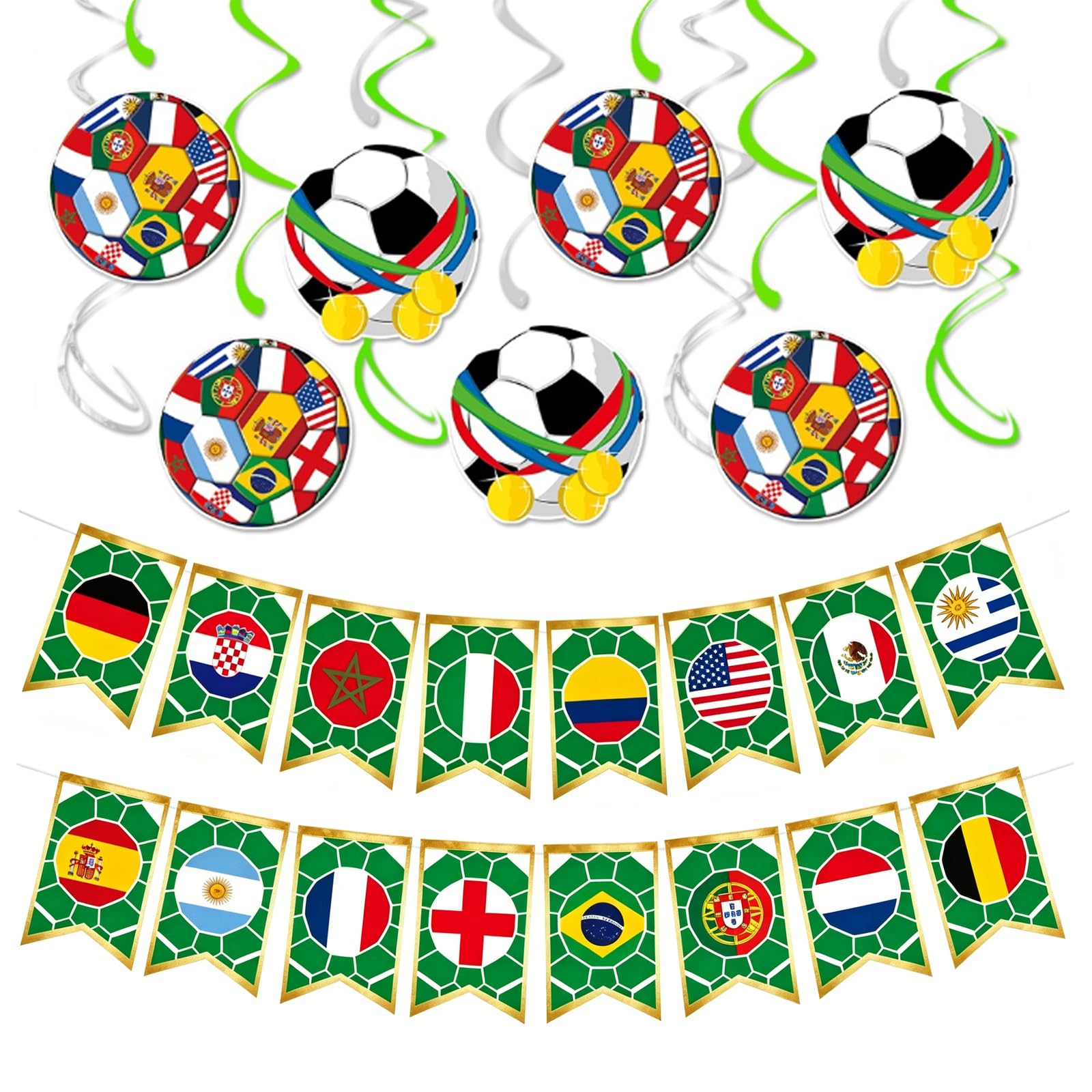 LIANRISES 15pcs World Cup Football Hanging Swirls, 2 Banner Bunting Flags, Reusable Ceiling World Cup Decorations 2026, for Party Events Bars Office Home, Fan Celebrations