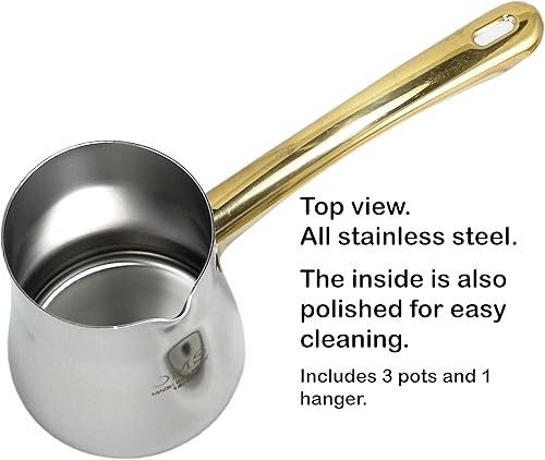 Miniatura 3 de Juego de cafeteras turcas Estambul de acero inoxidable con colgador de secado. Incluye tres pequeños cezves de tamaño #20,25 litros, 30,35 litros y