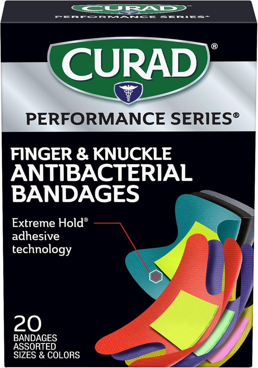 Curad Performance Series vendajes antibacterianos para dedos y nudillos, tecnología adhesiva de sujeción extrema, vendajes de tela, 20 unidades