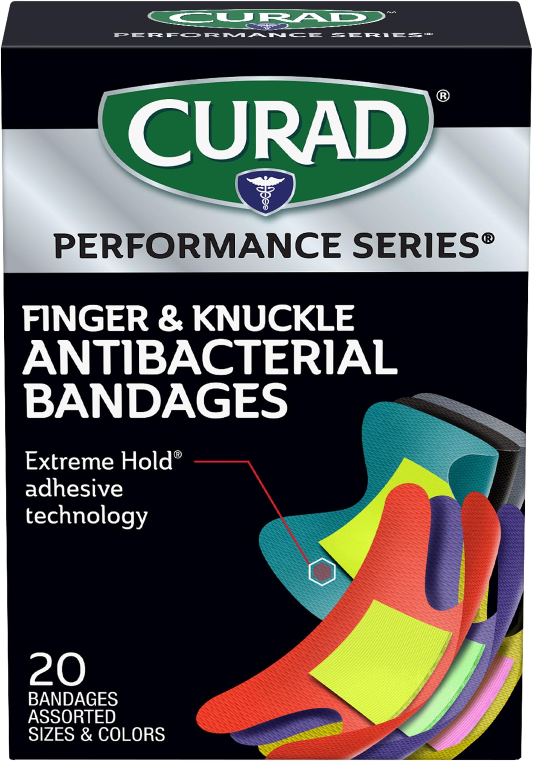 Curad Performance Series Fingertip and Knuckle Antibacterial Bandages, Extreme Hold Adhesive Technology, Fabric Bandages, 20 Count