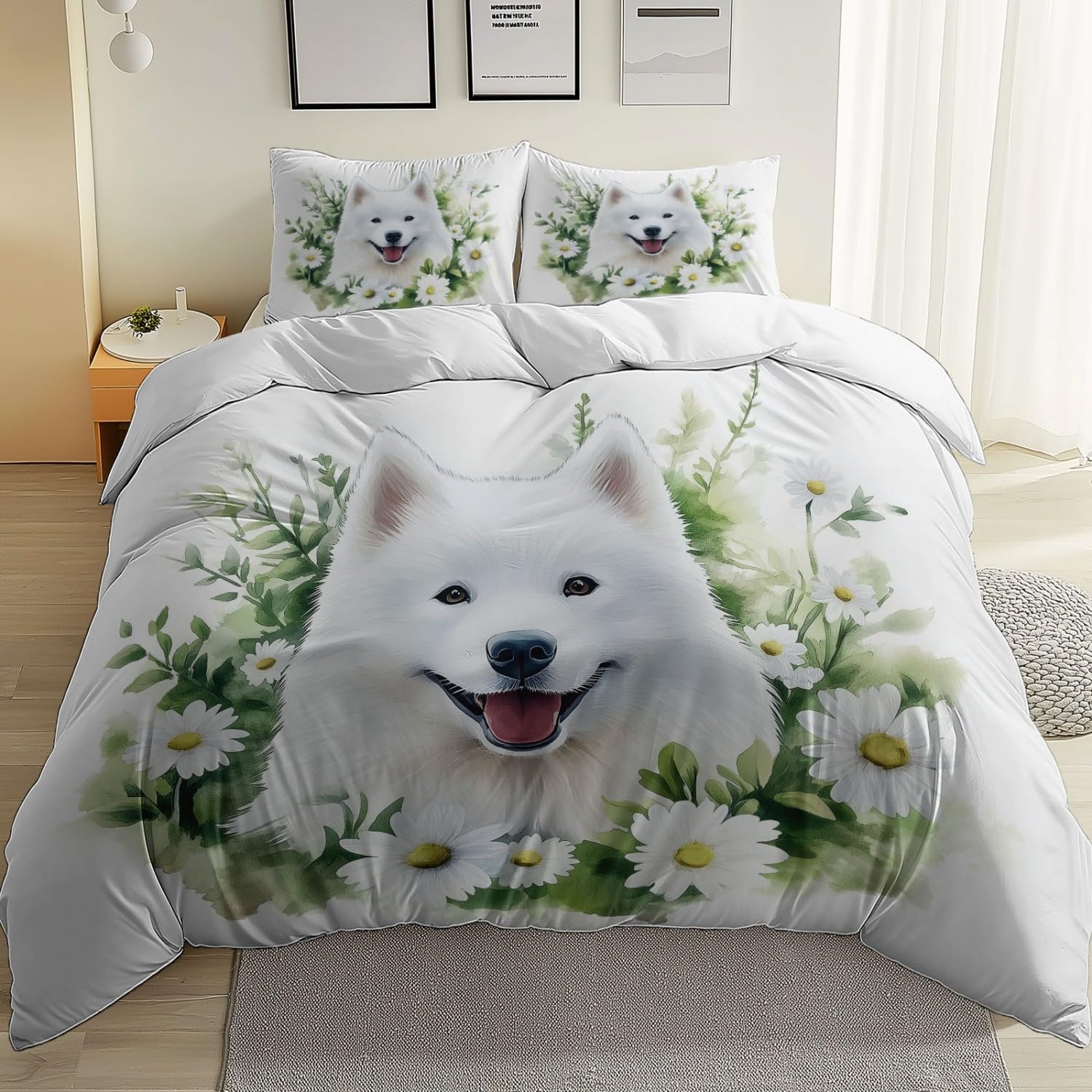 Akwarela Samoyed Zwierzęta Poszwa na kołdrę z mikrofibry z 2 poszewkami na poduszki, komfortowy zestaw pościeli 240 x 220 cm do dekoracji pokoju dziecięcego i dorosłych, biała
