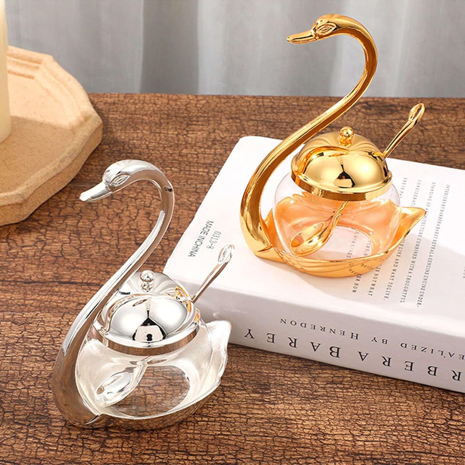 Retro Sugar Bowl with lid, Swan Shape Sugar Container, Sugar Bowl with Lid and Spoon, Iron Carved Glass Spice Jar, Salt Bowl Accessories for Kitchen-Gold-Ceramic (Color : Gold, Size : Glass)