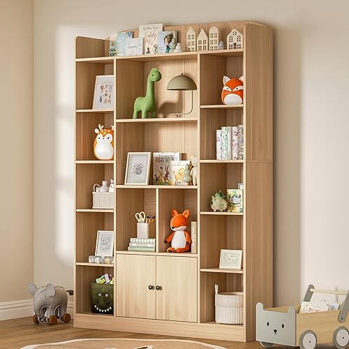 Miniatura 1 de DIYART Estantería de roble de 71 pulgadas de alto, estantería de 5 niveles con 14 cubos y 2 gabinetes, estantes independientes de almacenamiento de