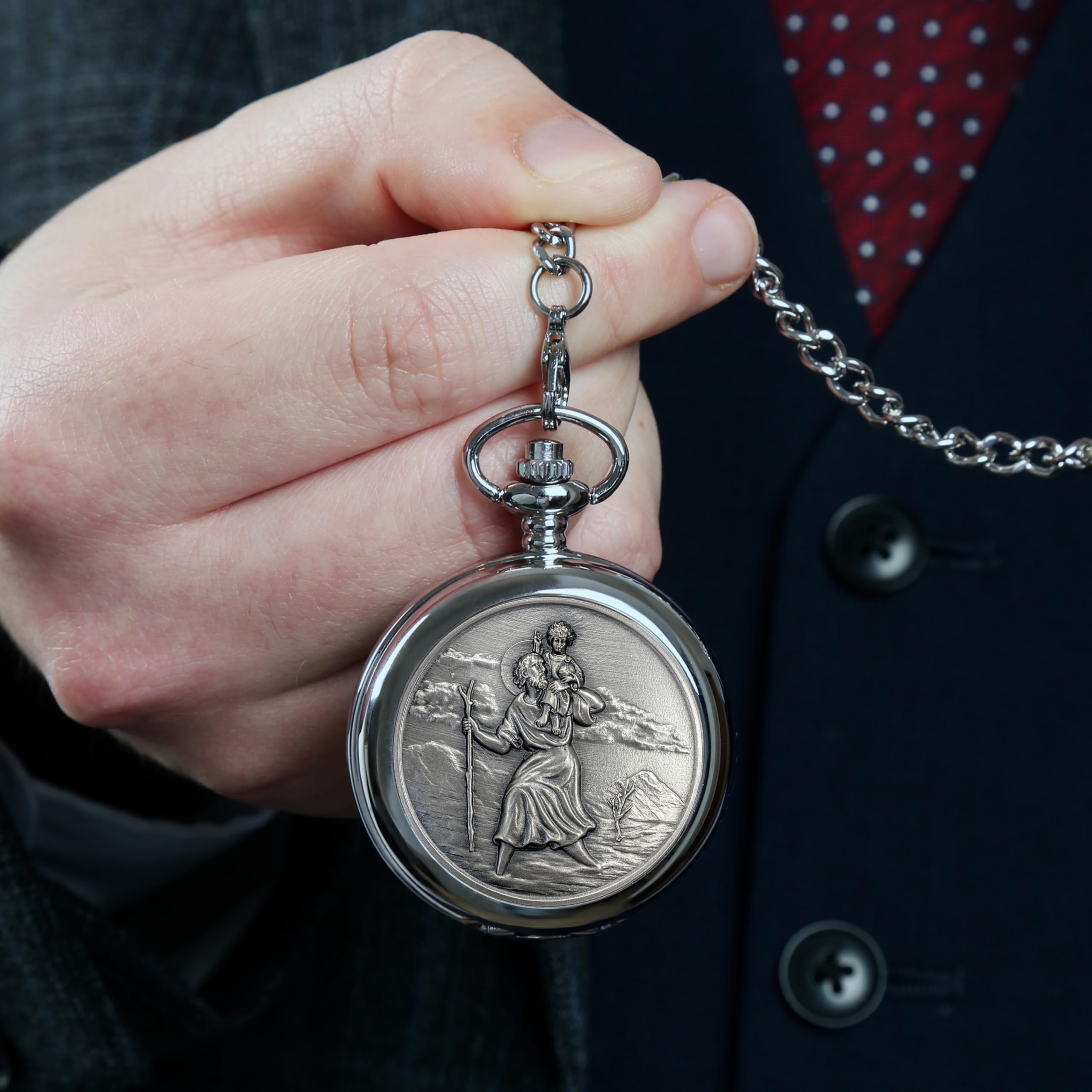 Montre gousset St Christophe en étain avec chaîne et boîte cadeau pour garçon Cadeau de baptême pour garçons filleul petit-fils, Argenté., Classique