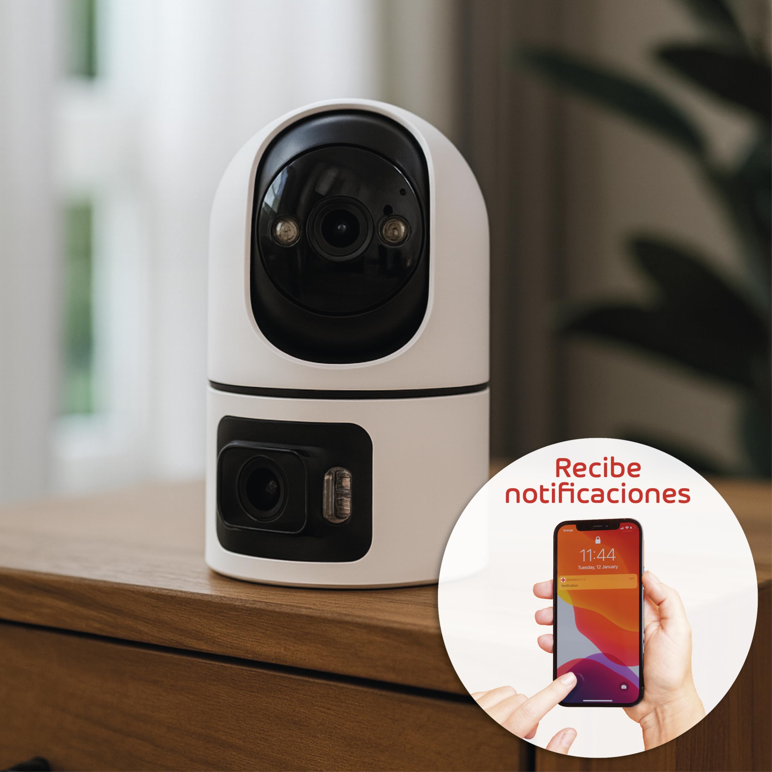 energeeks Sentinel Duo - Cámara Vigilancia WiFi Interior - 2,4/5GHz - Doble Lente 4MP+4MP - Motorizada 360º - Autotracking - Bluetooth - Detección Humanos y Sonido - Sirena y Luz LED - ONVIF