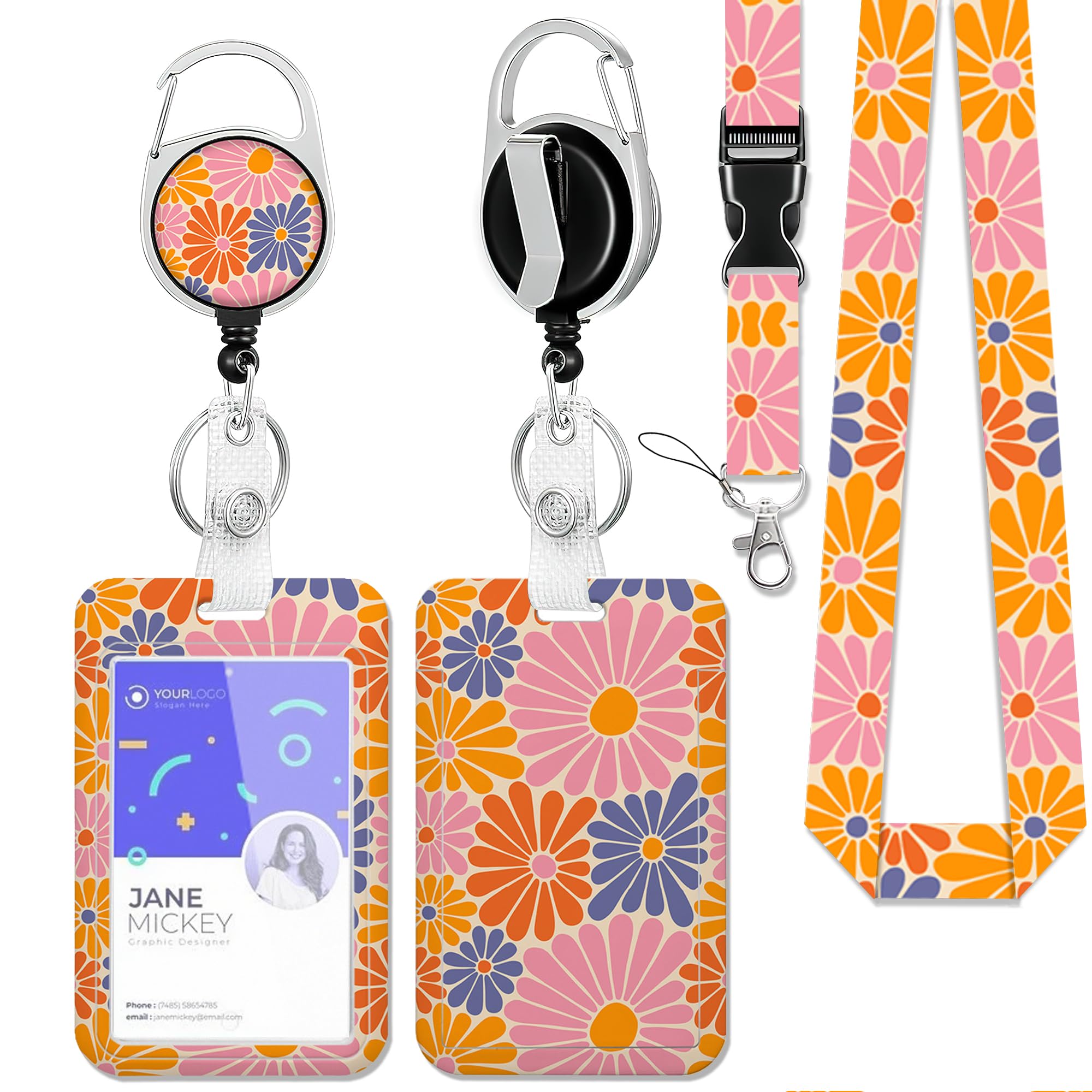 Groovy Daisy Flowers ID Badge Holder with Lanyard,70s Retro Hippie Lanyards for ID Badges,Retractable Badge Reel Heavy Duty,Vertical ID Card Protector