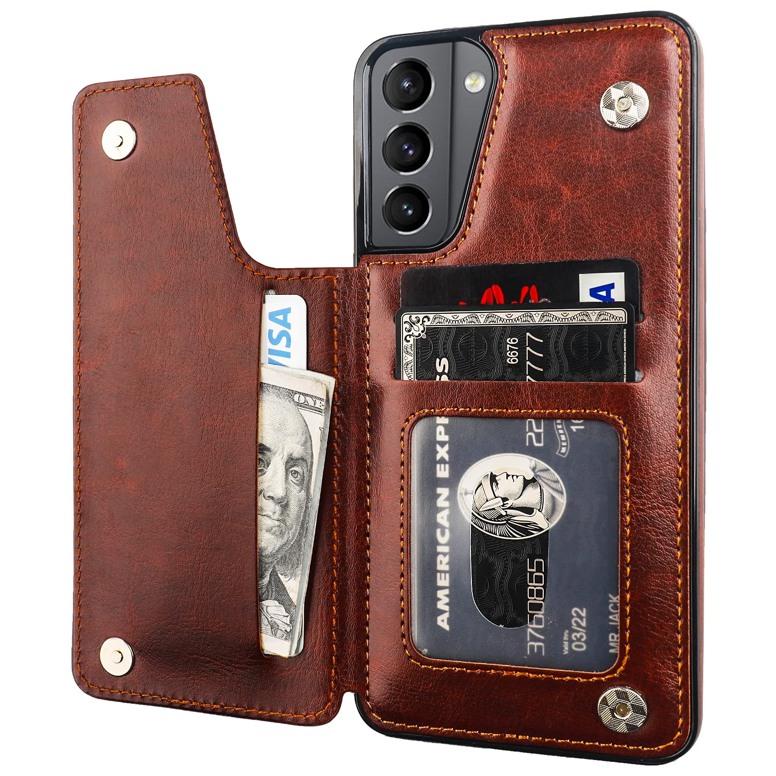 ONETOP Compatible with Samsung Galaxy S21 Wallet Case with Card Holder, PU Leather Kickstand Card Slots Case, Double Magnetic Clasp and Durable