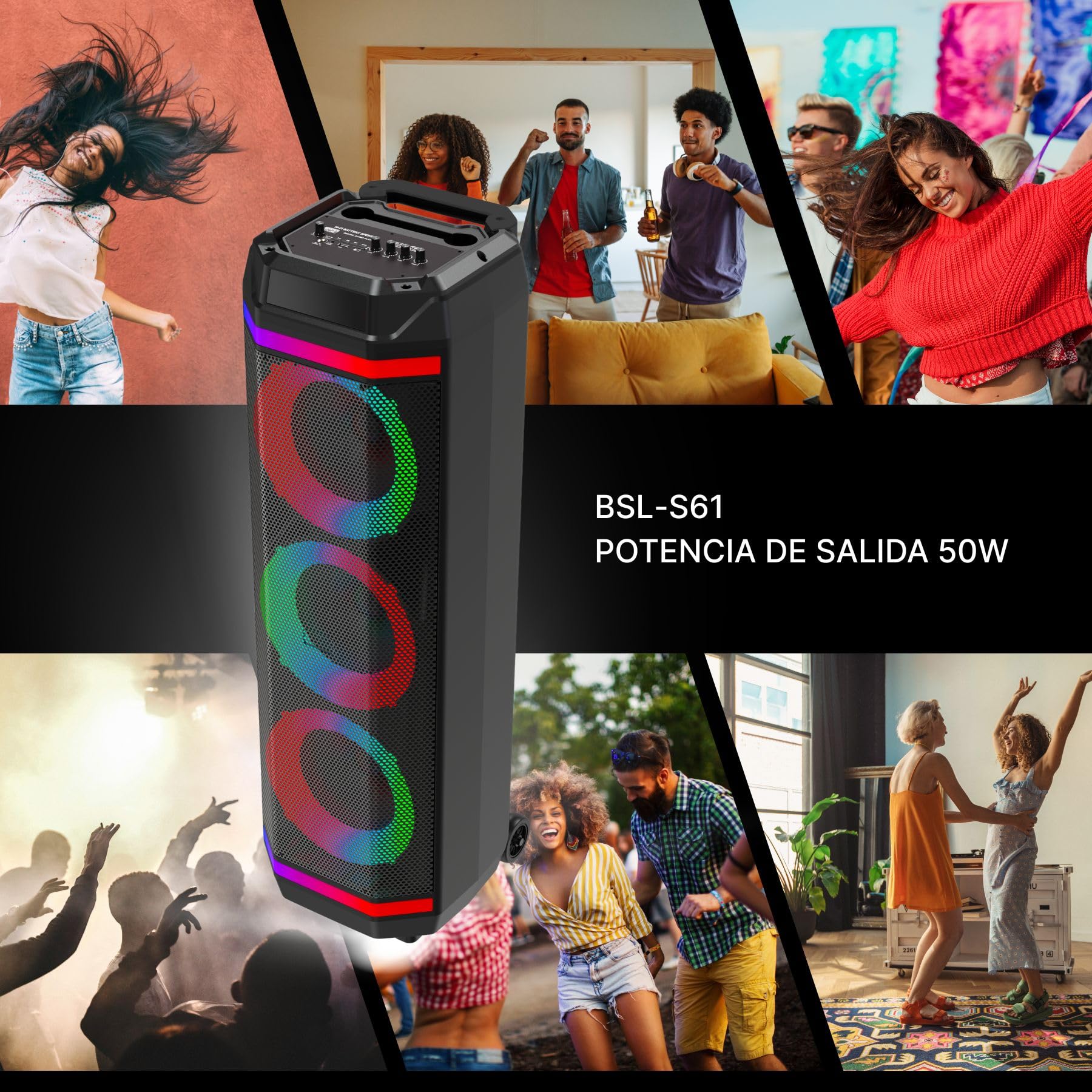 Altavoz Bluetooth BSL-S61 con iluminación en los Altavoces |3 Altavoces de 8 Pulgadas | 50W | Incluye Micrófono de Regalo | Batería de 3600 mAh | Radio FM y Reproductor MP3 vía USB | Carga USB-C